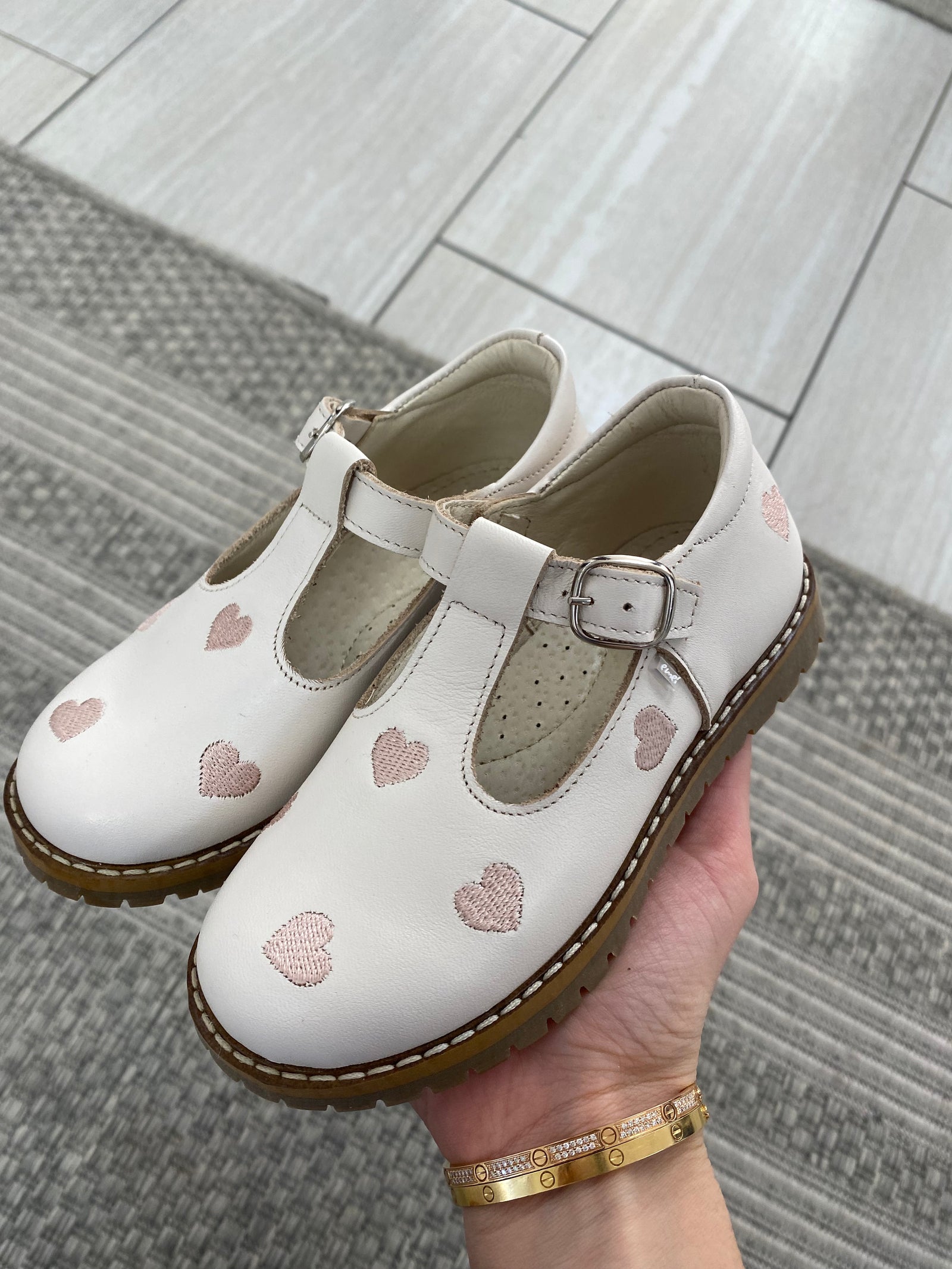 Emel Cream Heart Embroidered T Strap-Tassel Children Shoes