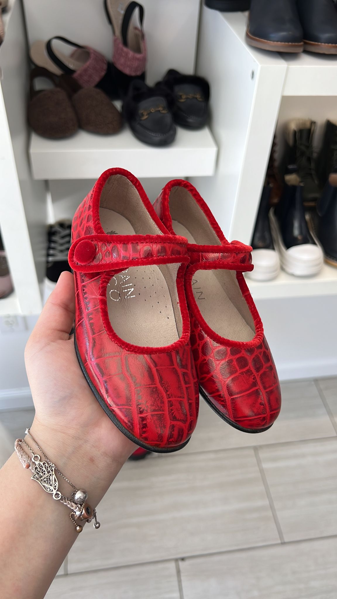 Spain+Co Red Croc Velvet Piping Mary Jane-Tassel Children Shoes