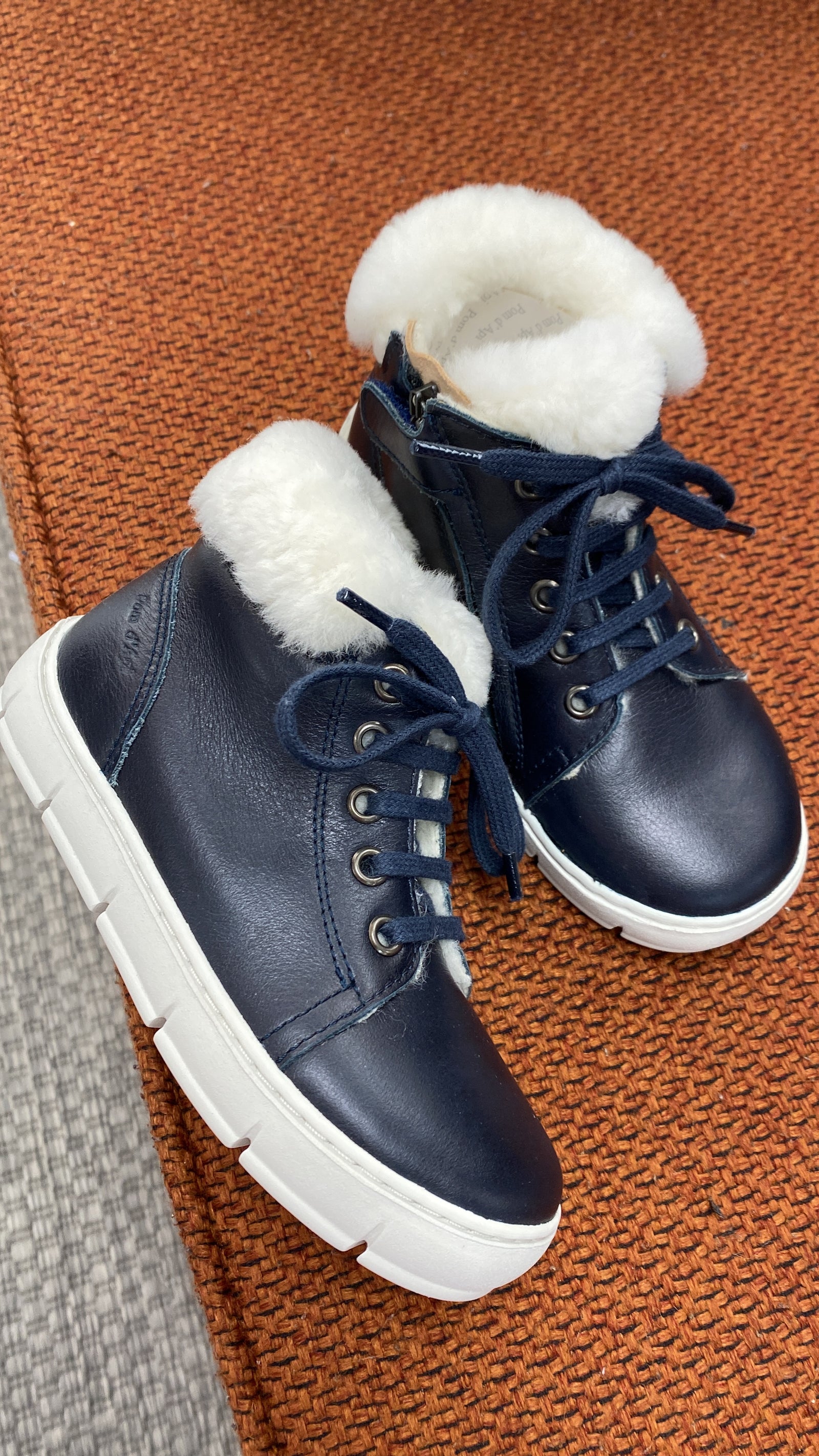 Pom D'Api Navy Fur Mid Top Sneaker-Tassel Children Shoes