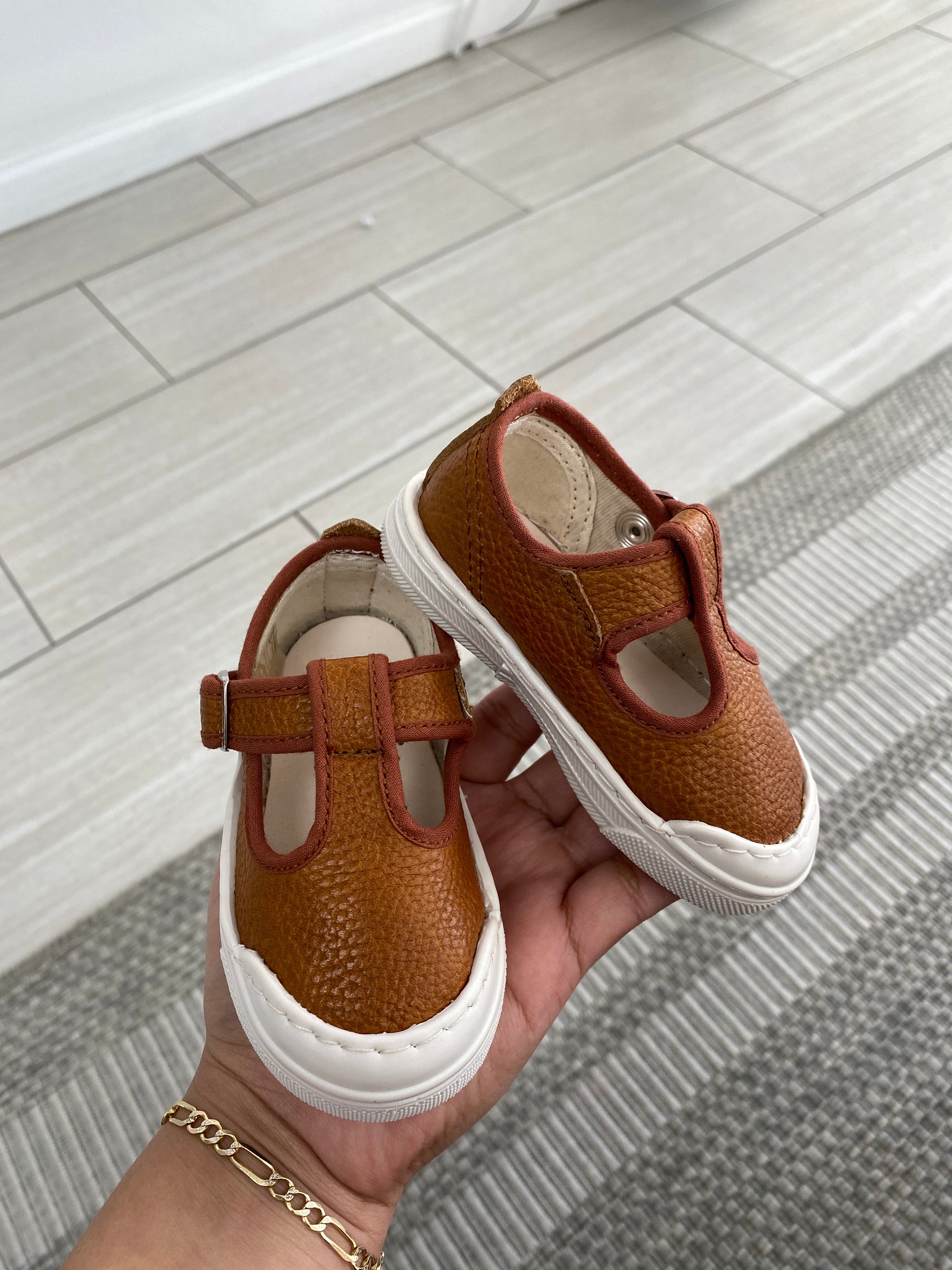 Pepe Cognac Leather T Strap Baby Shoe-Tassel Children Shoes