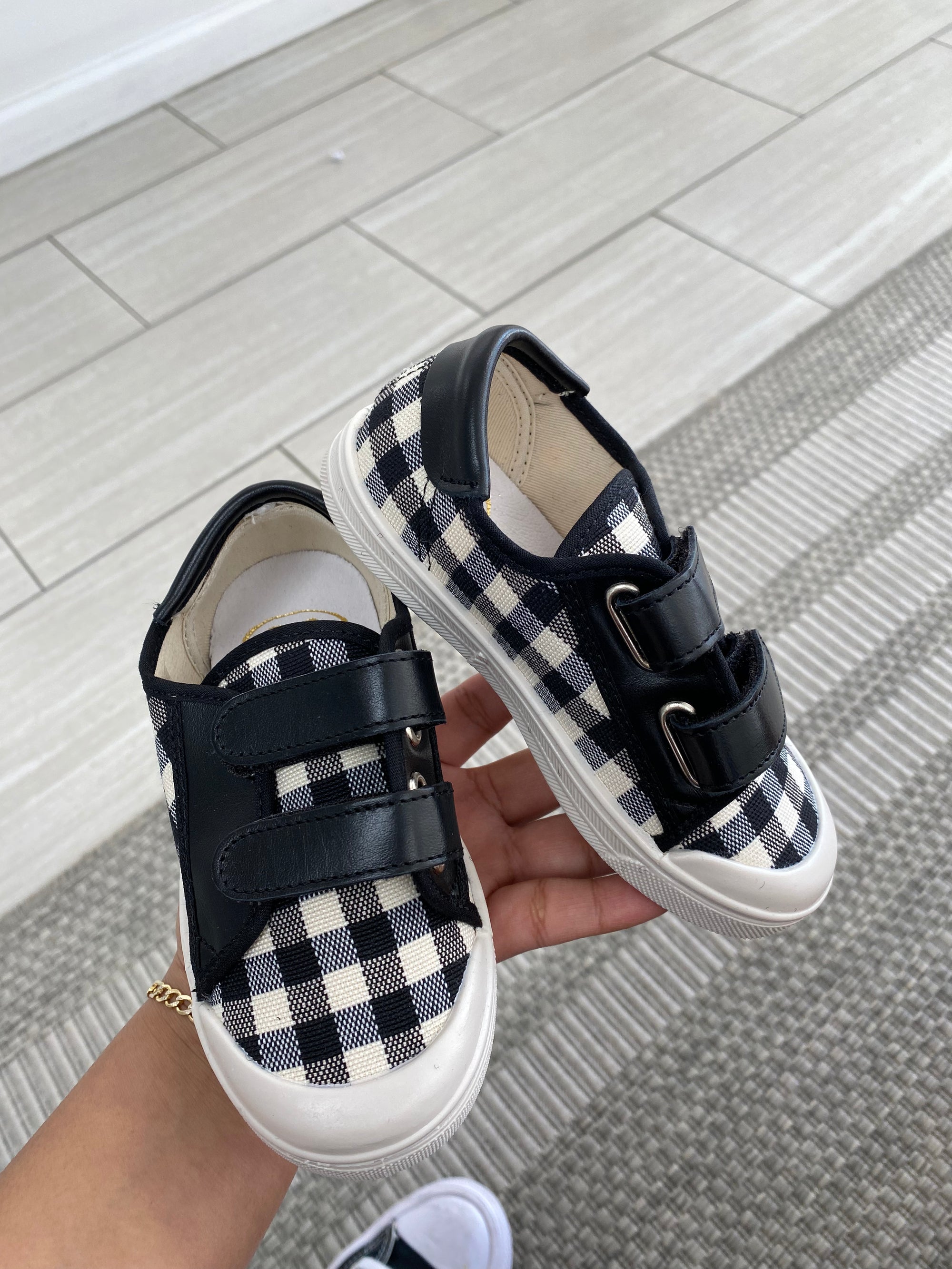 Pepe Black and White Plaid Velcro Sneaker-Tassel Children Shoes