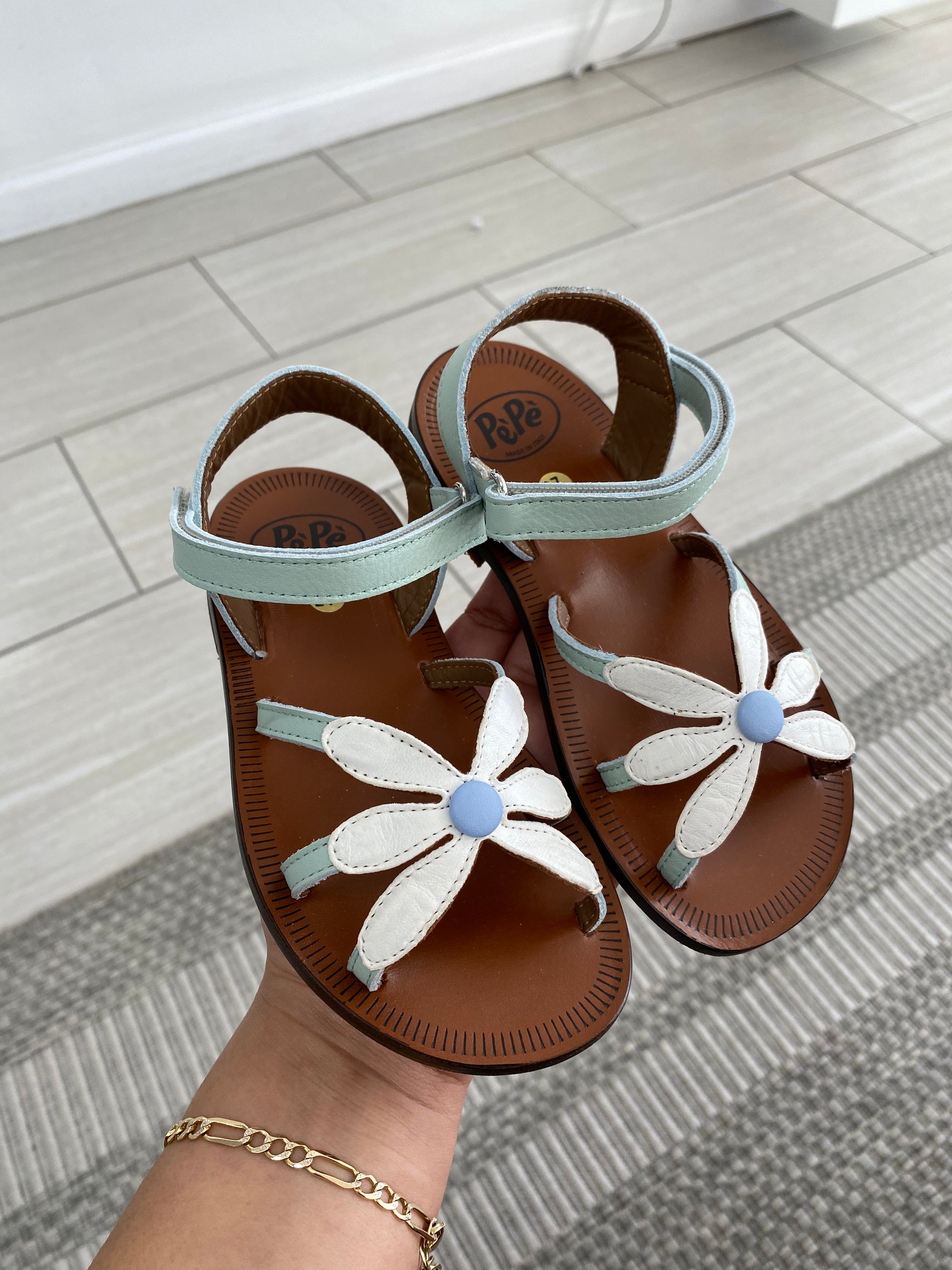Pepe Mint Flower Velcro Sandal-Tassel Children Shoes