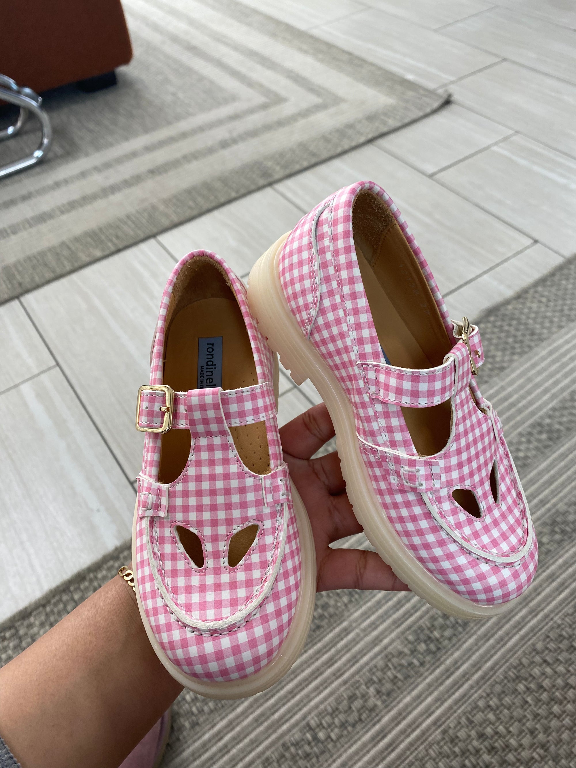 Rondinella Pink Gingham T Strap Loafer-Tassel Children Shoes