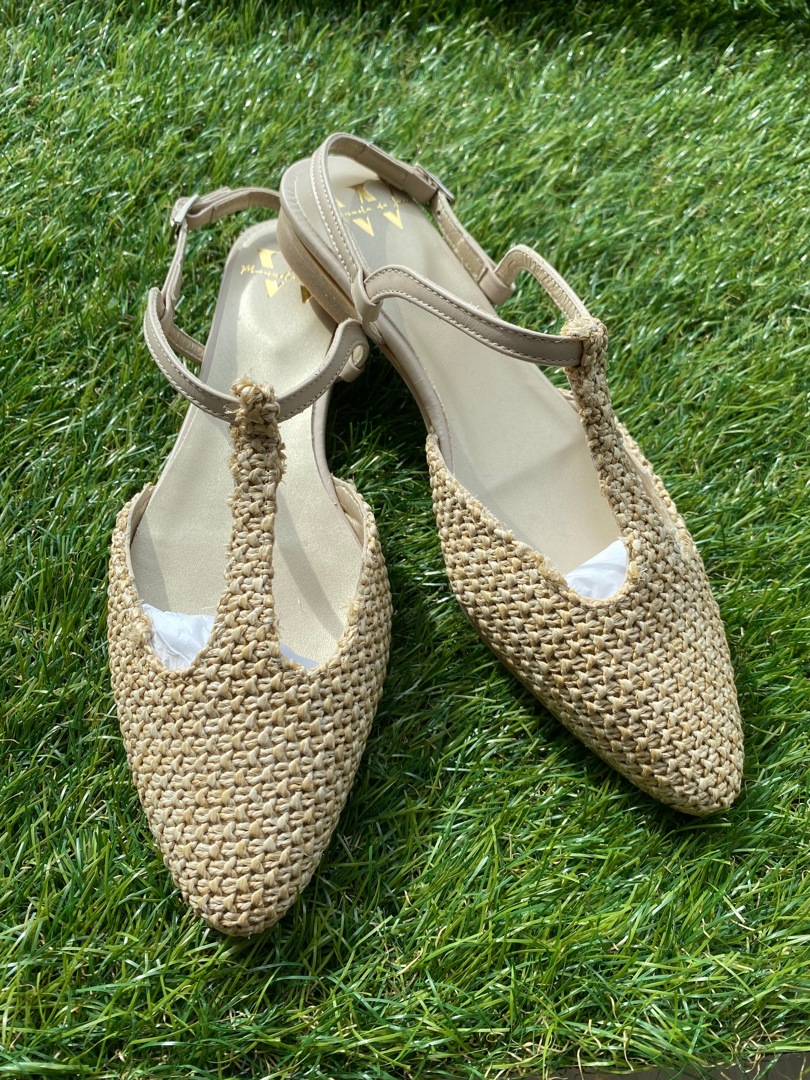 Manuela Beige Crochet Pointed T Strap-Tassel Children Shoes