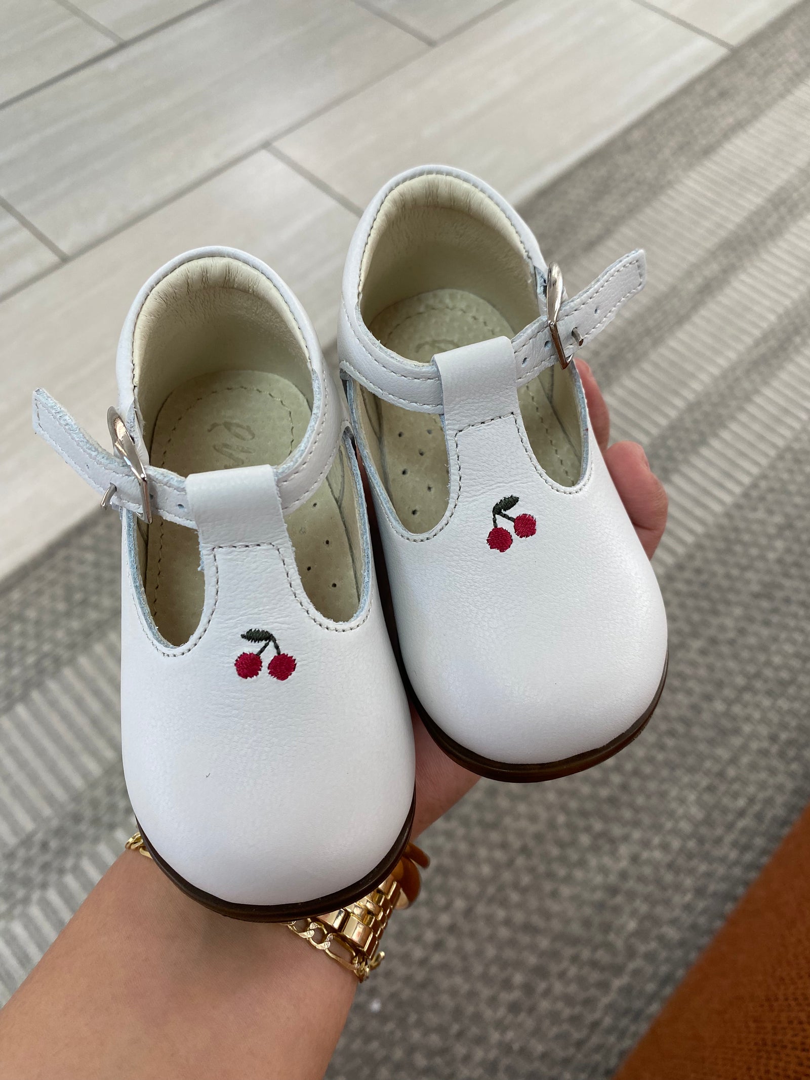 Emel White Cherry Baby T Strap-Tassel Children Shoes