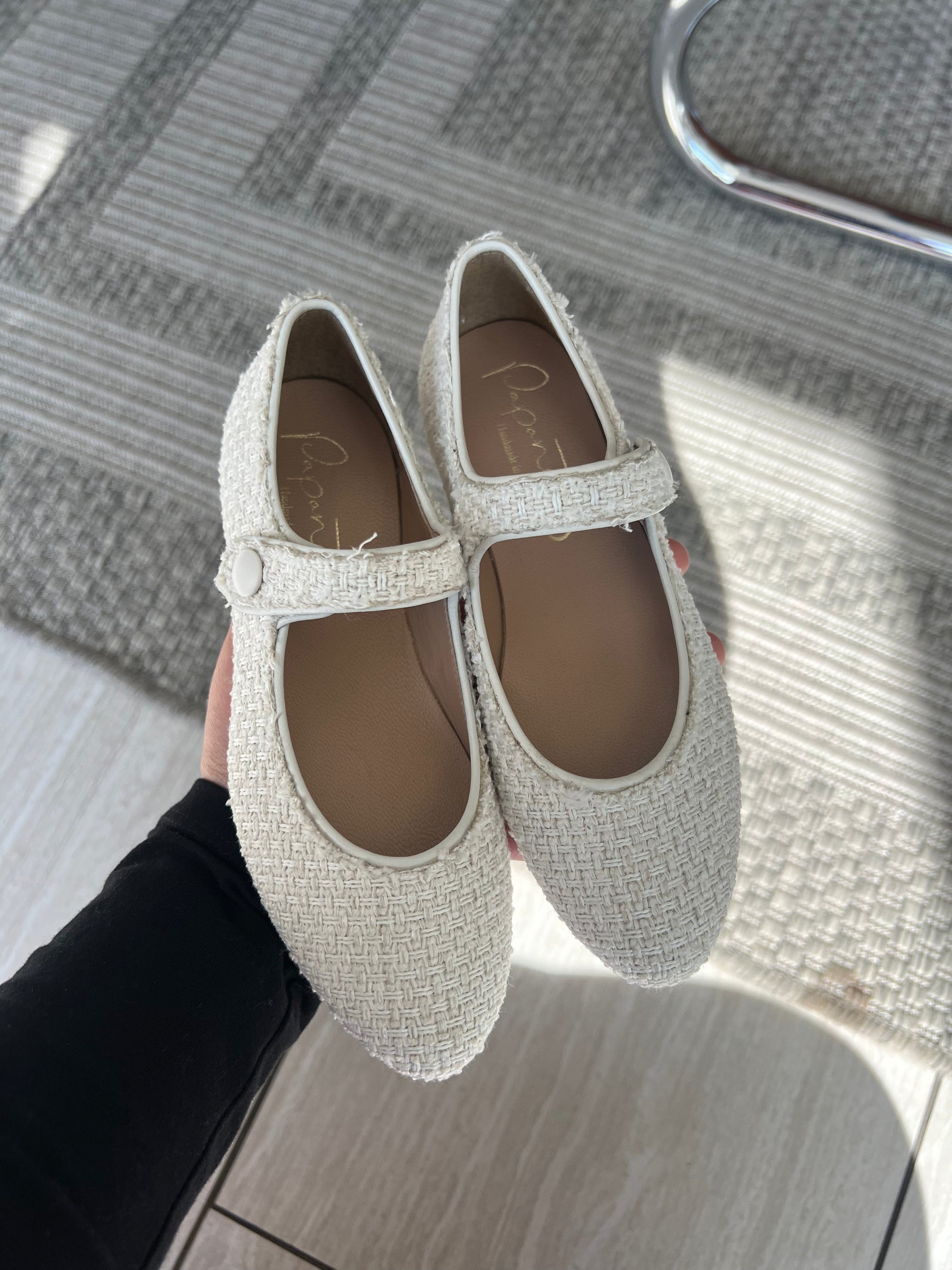 Papanatas White Linen Pointed Mary Jane-Tassel Children Shoes