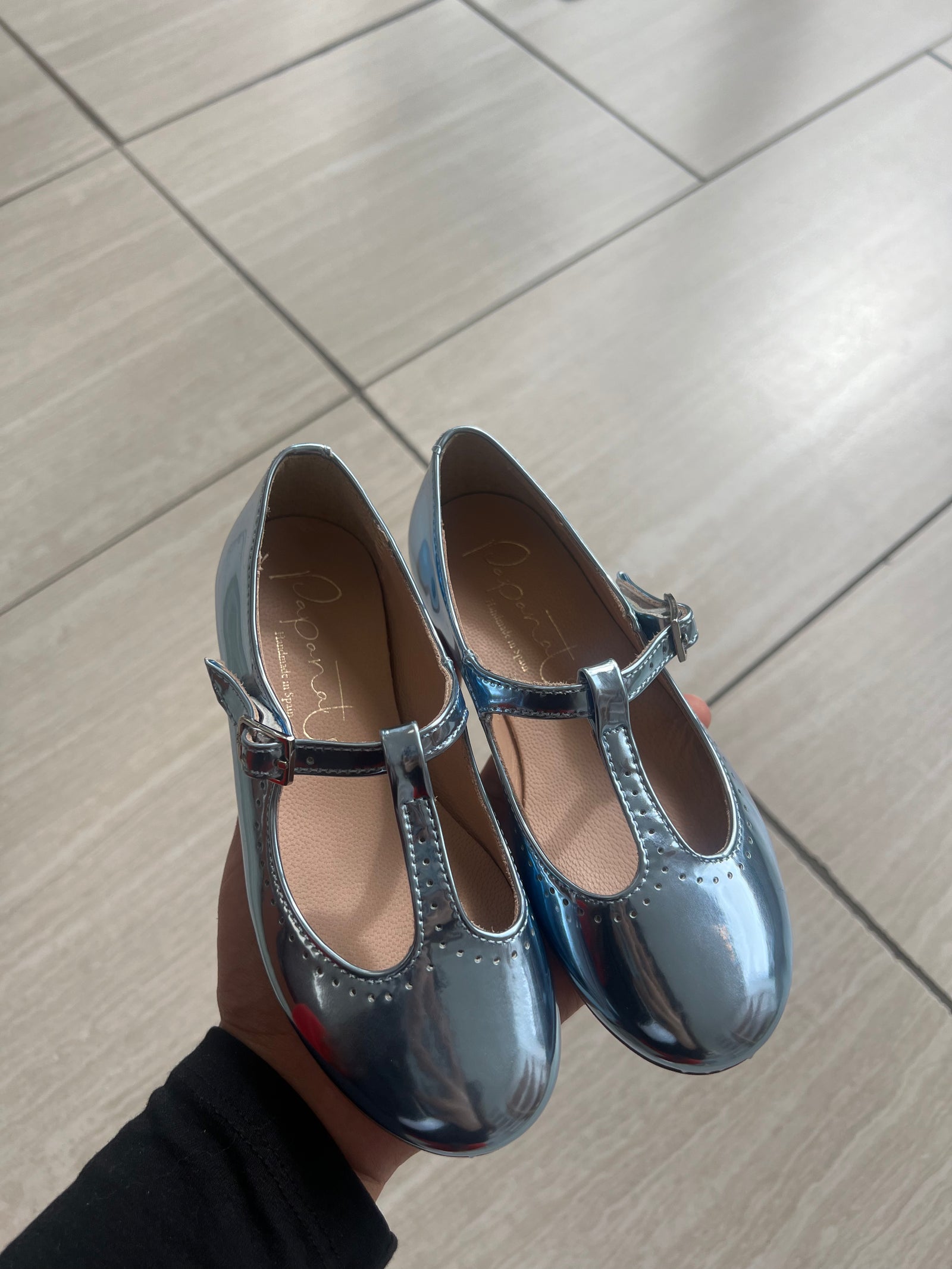 Papanatas Blue Mirror T-strap-Tassel Children Shoes