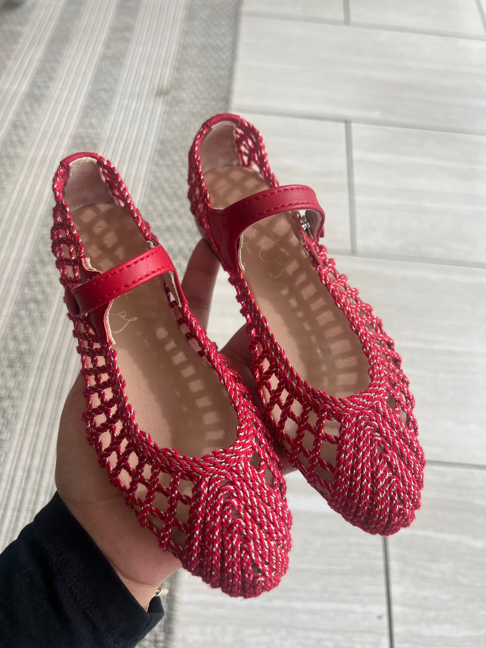 Papanatas Red And Gold Basketweave Mary Jane-Tassel Children Shoes