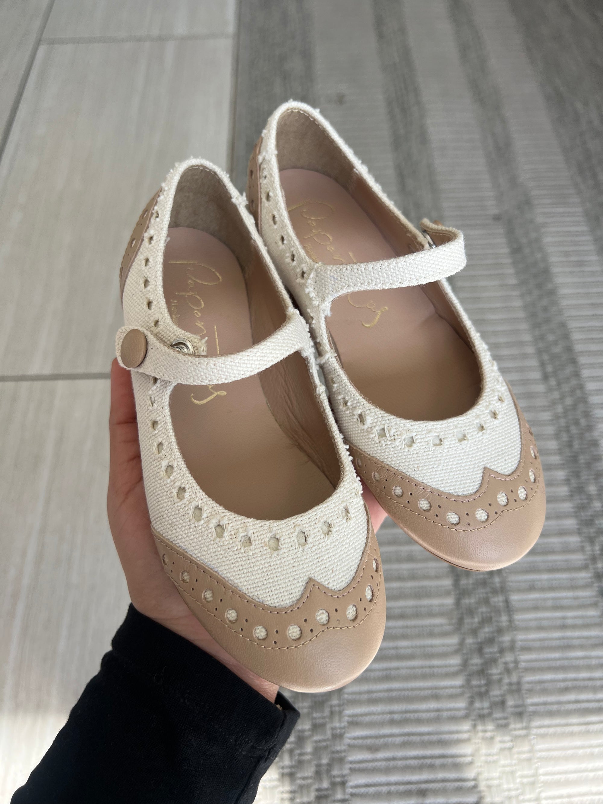Papanatas Beige and White Linen Wingtip Mary Jane-Tassel Children Shoes