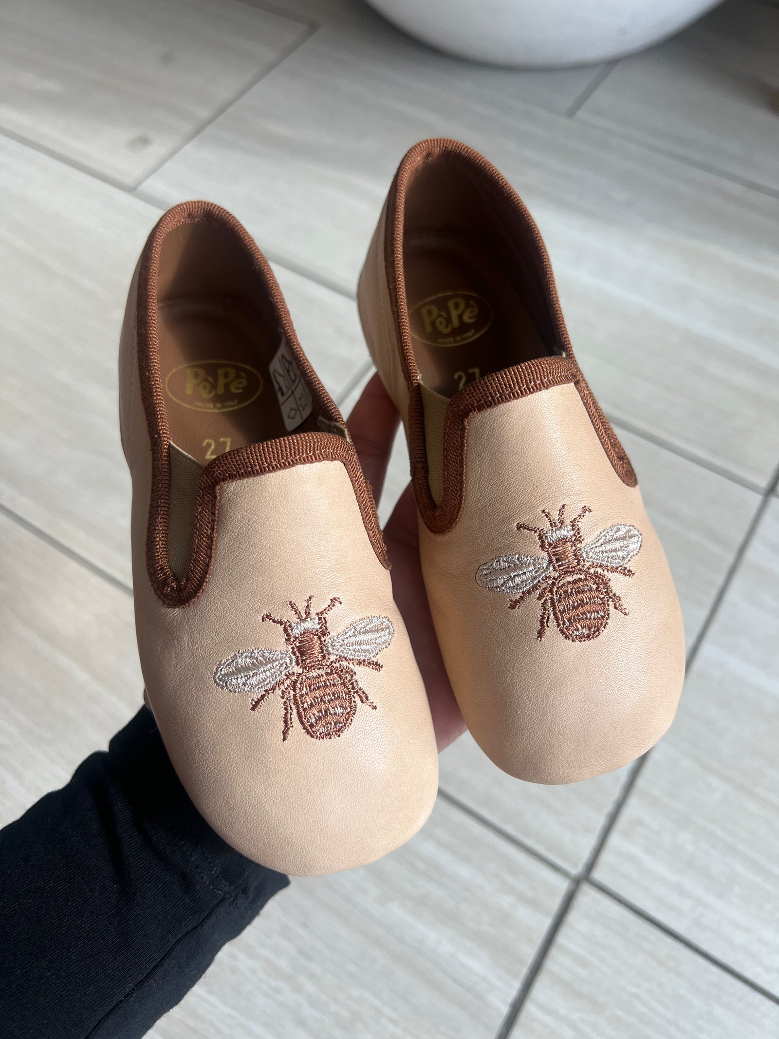 Pepe Beige Bee Embroidered Slipper Loafer-Tassel Children Shoes