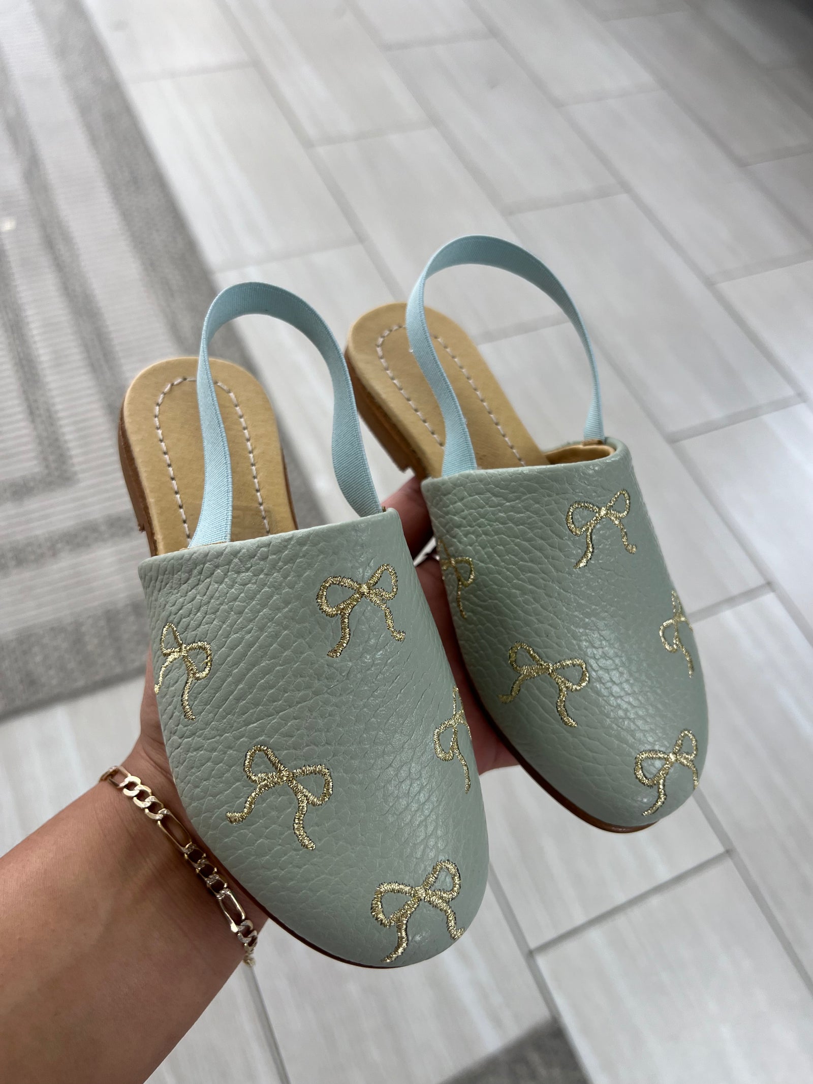 Spain+Co Aqua Bow Embroidered Slingback-Tassel Children Shoes