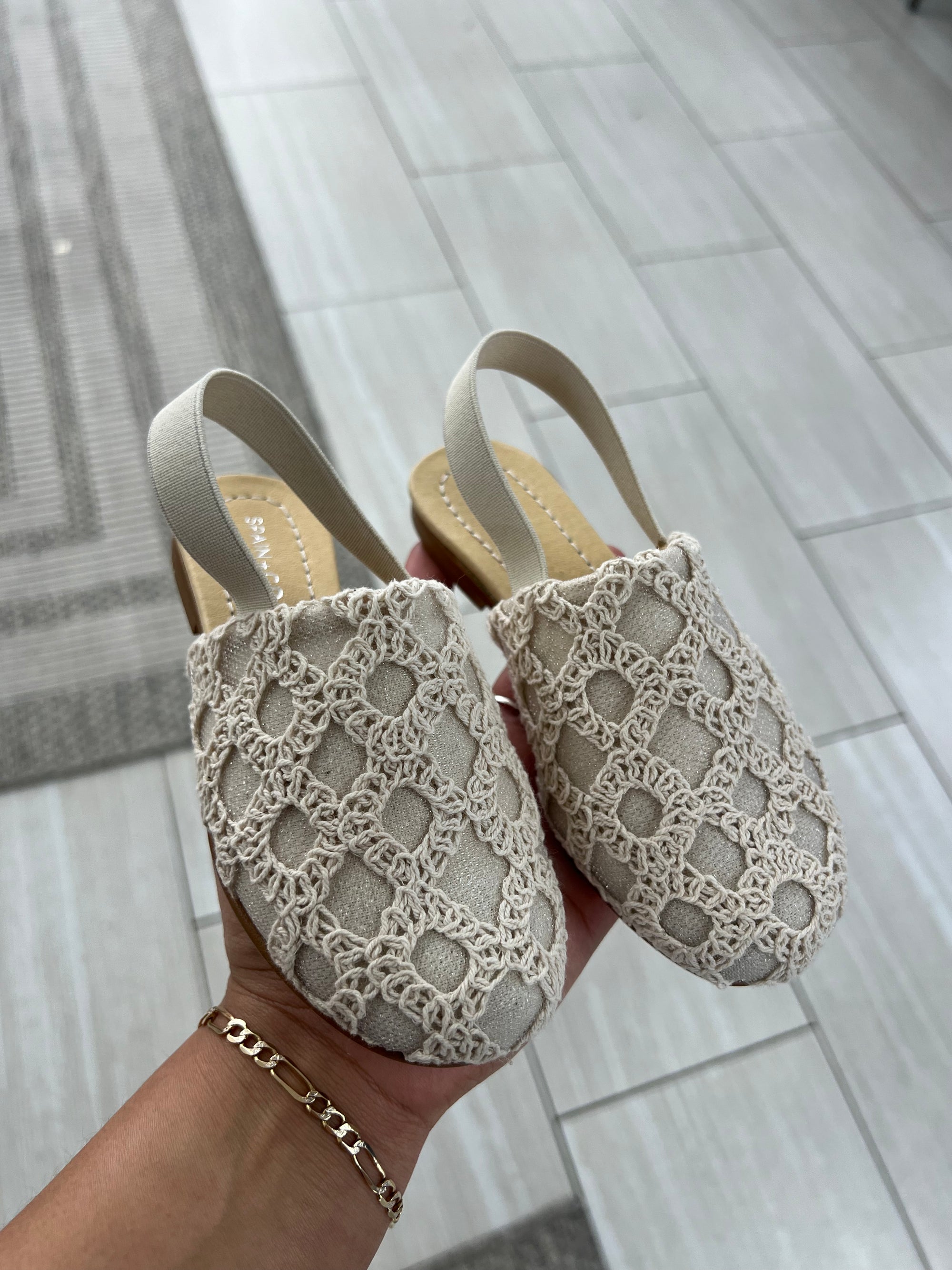 Spain+Co Beige Crochet Slingback-Tassel Children Shoes