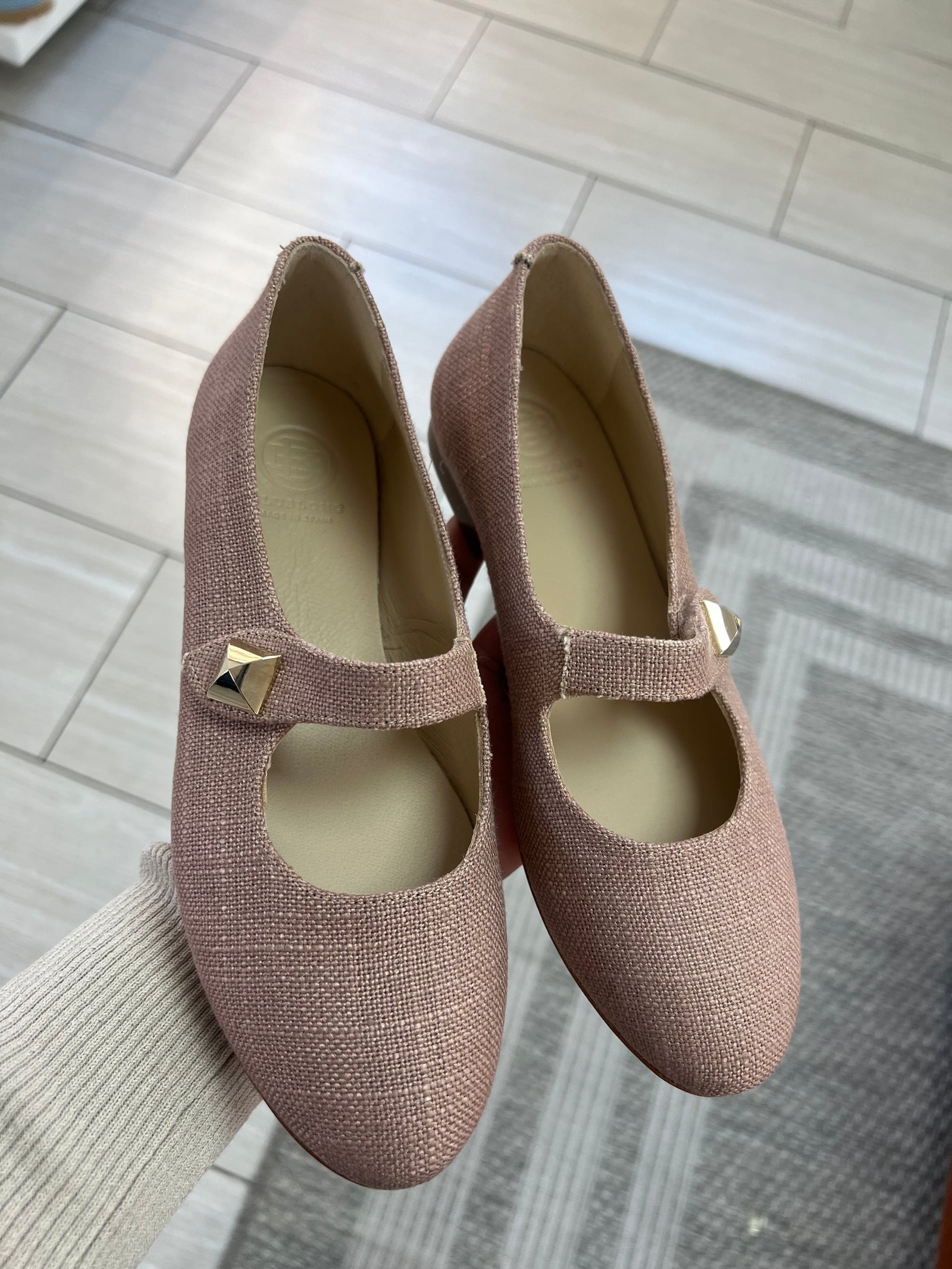Blublonc Pink Linen Stud Mary Jane-Tassel Children Shoes