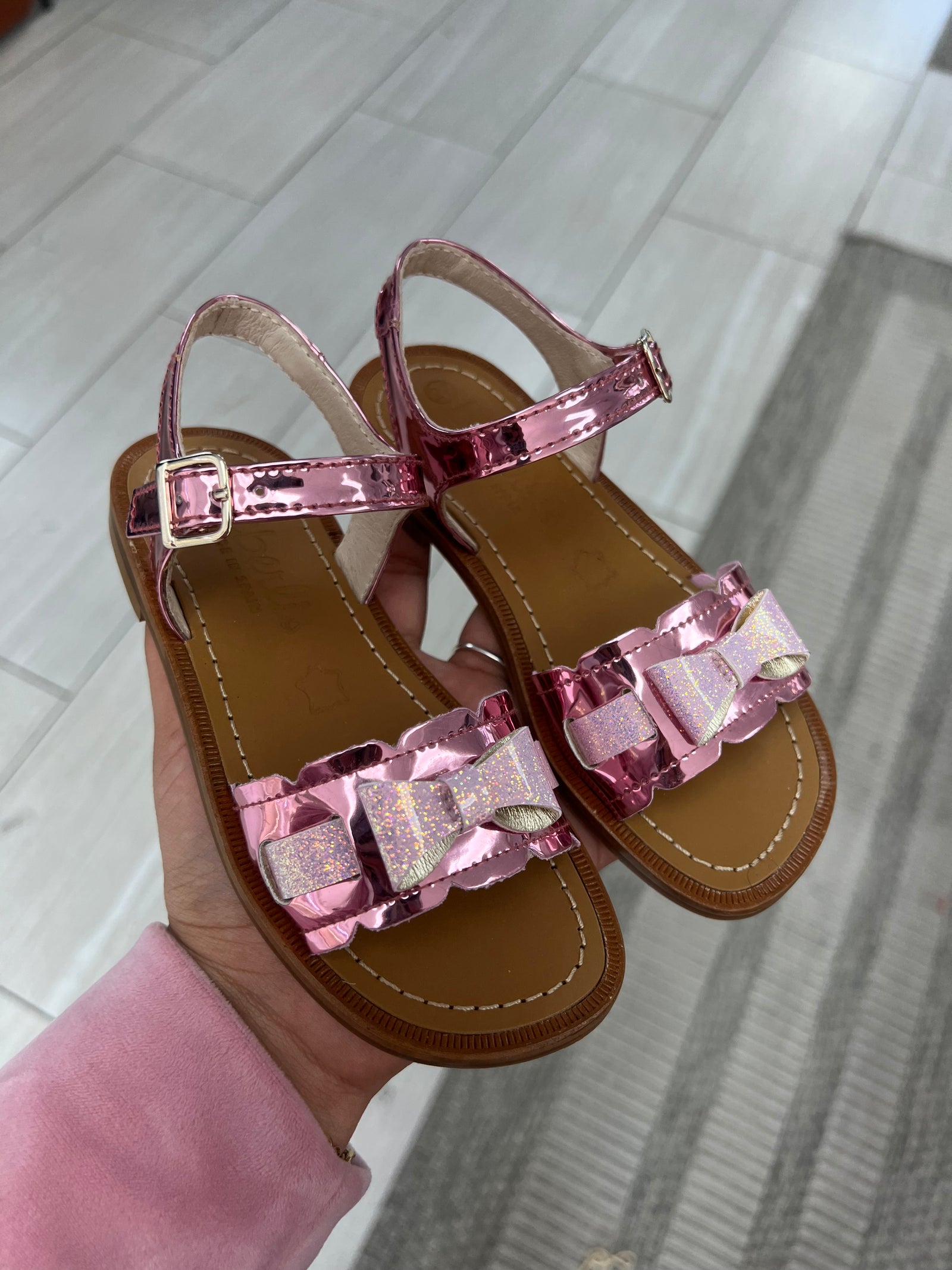 Beberlis Pink Mirror Bow Sandal-Tassel Children Shoes