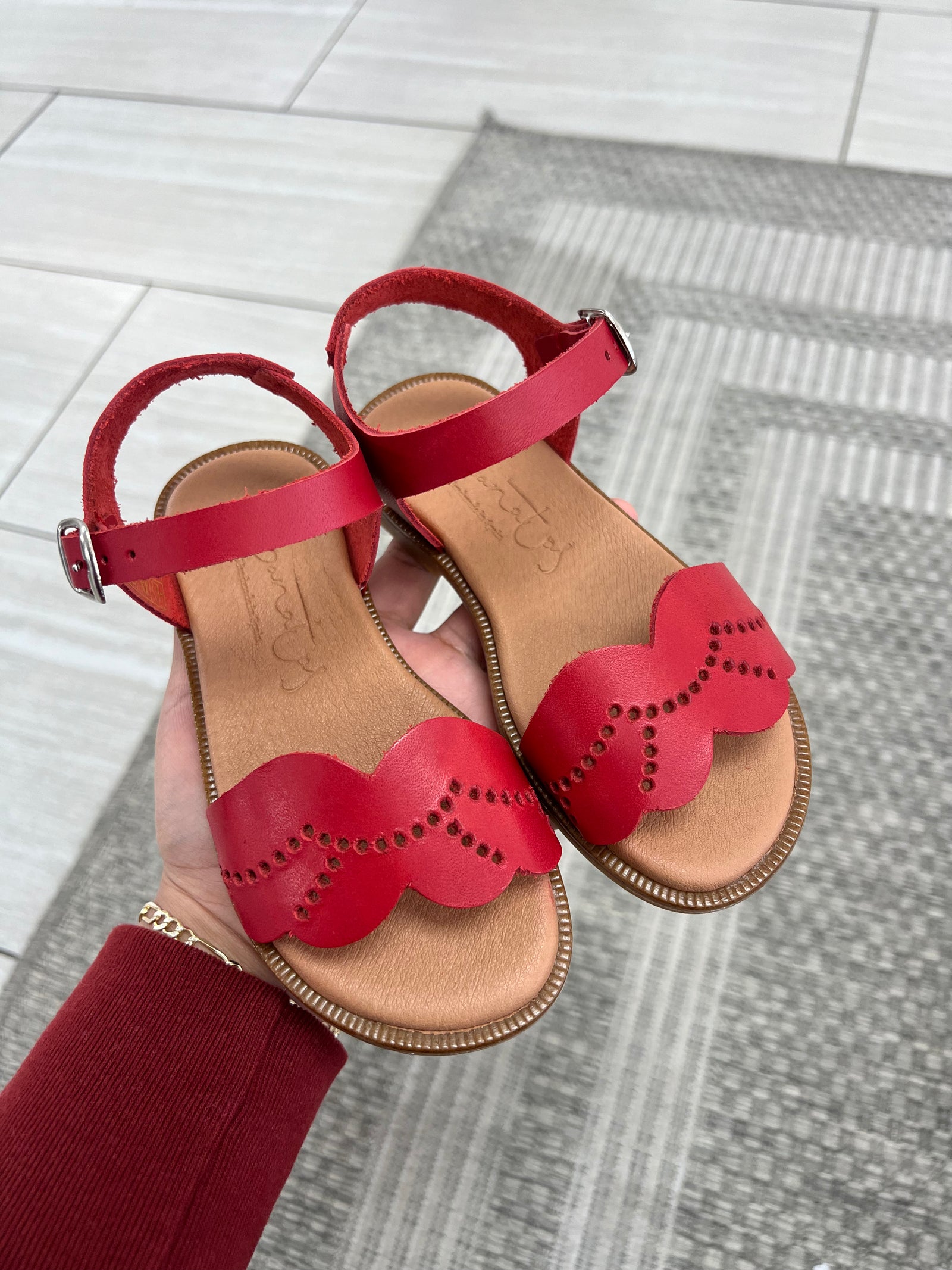 Papanatas Red Leather Scalloped Sandal-Tassel Children Shoes