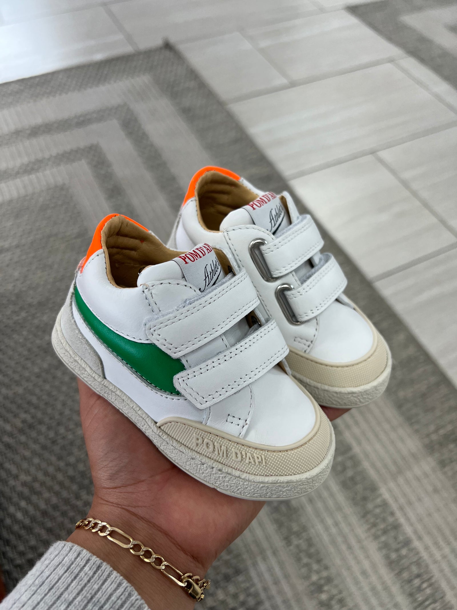 Pom D'Api White and Green Baby Sneaker-Tassel Children Shoes