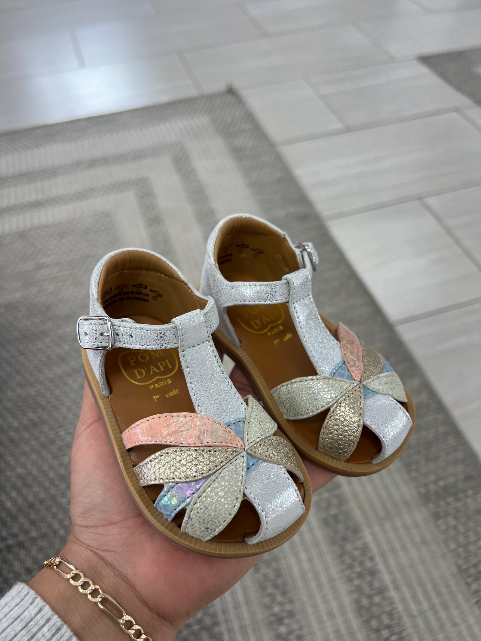 Pom D'Api Silver Flower Baby Sandal-Tassel Children Shoes