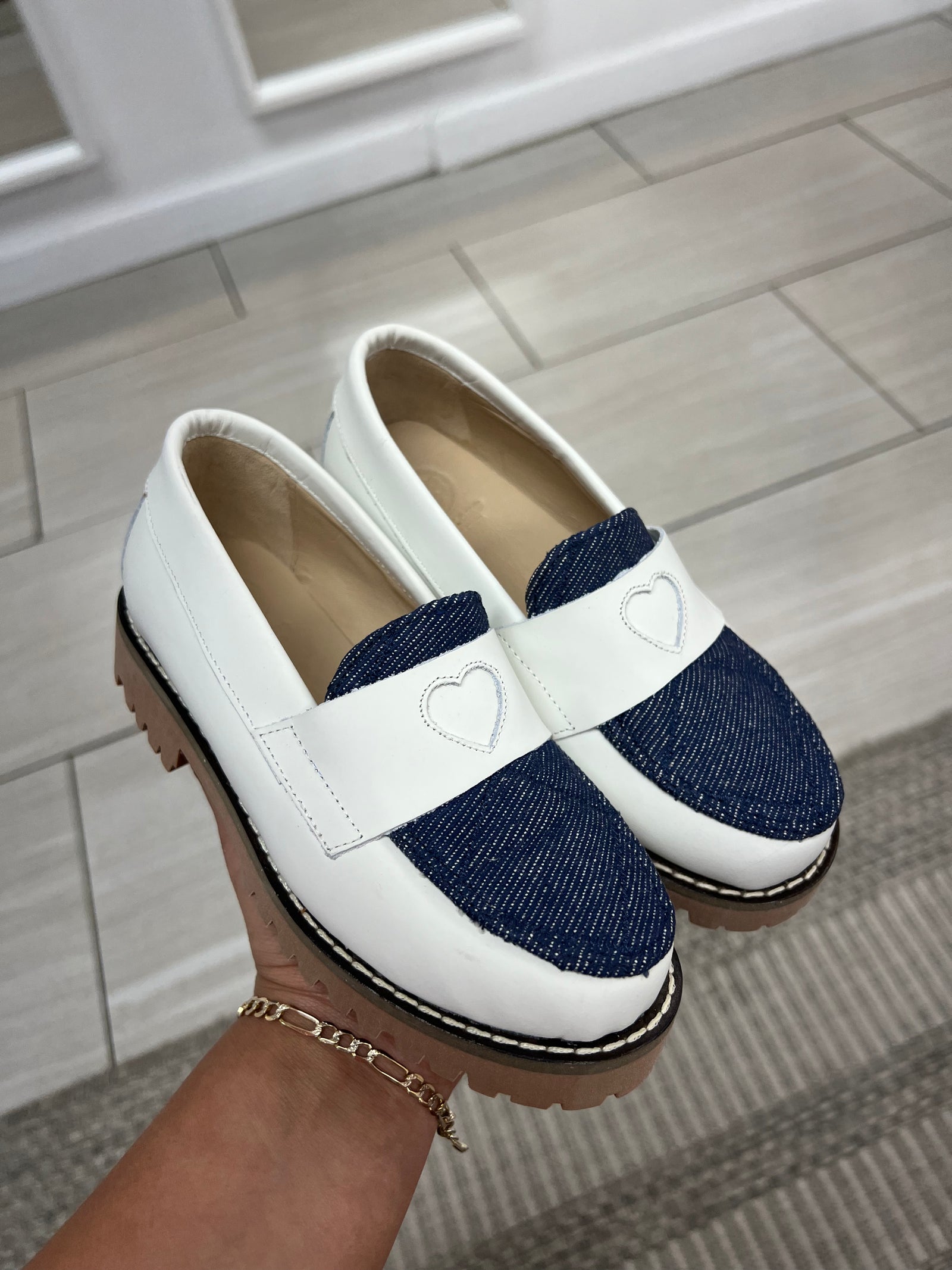 Blublonc White Rubber And Jean Heart Loafer-Tassel Children Shoes