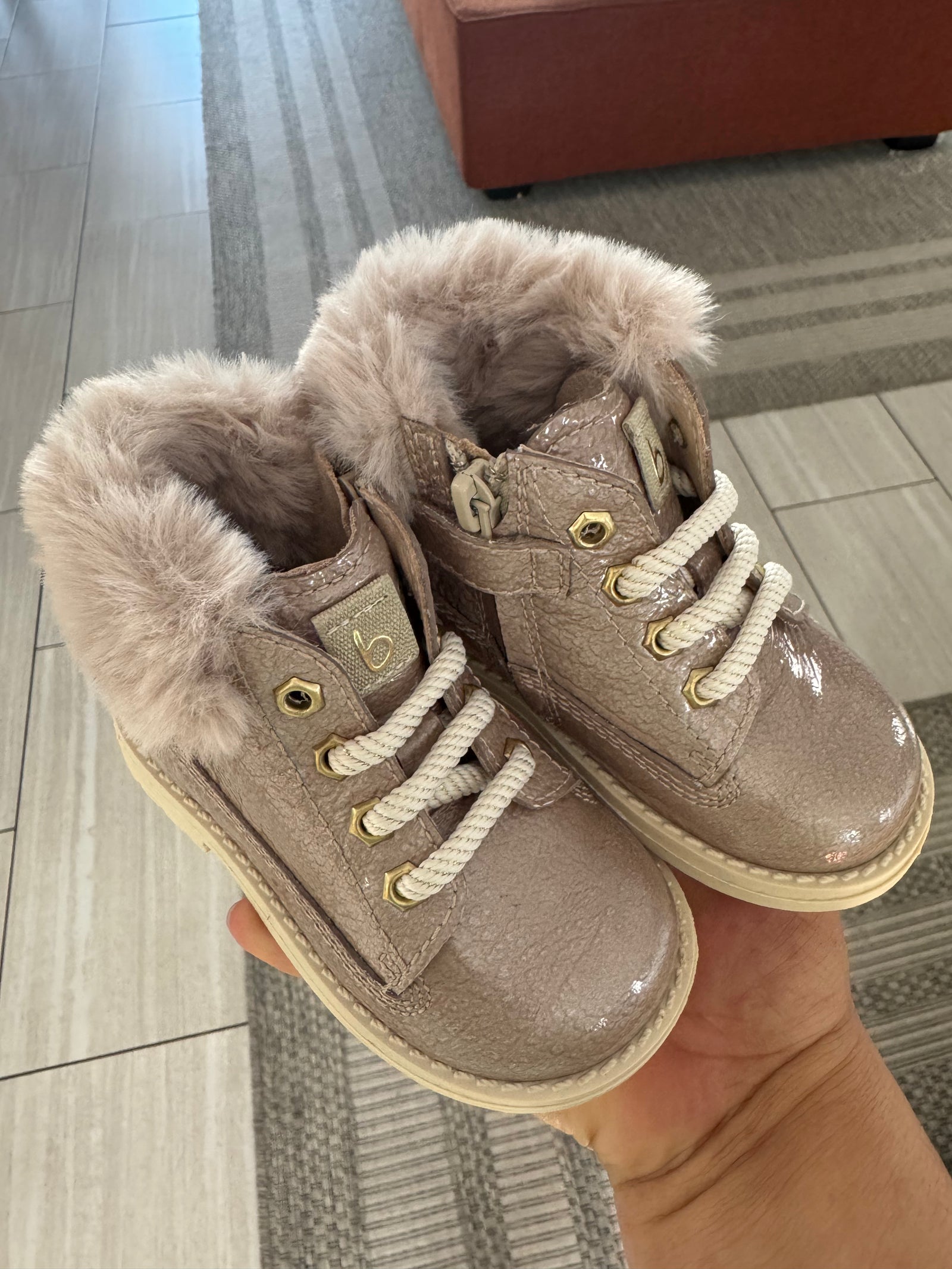 Beberlis Beige Patent Fur Bootie-Tassel Children Shoes