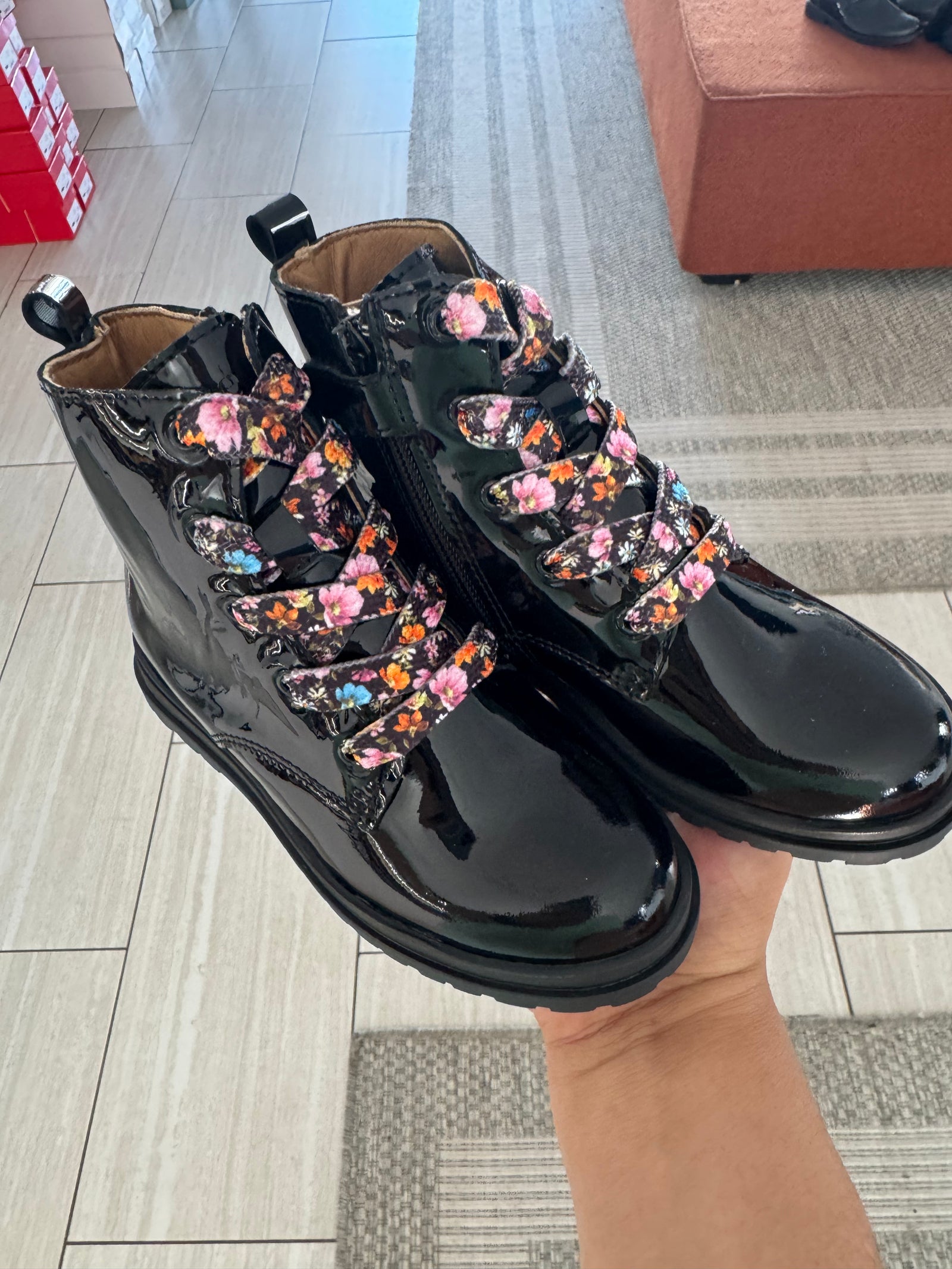 Porte Black Patent Floral Lace Boot-Tassel Children Shoes