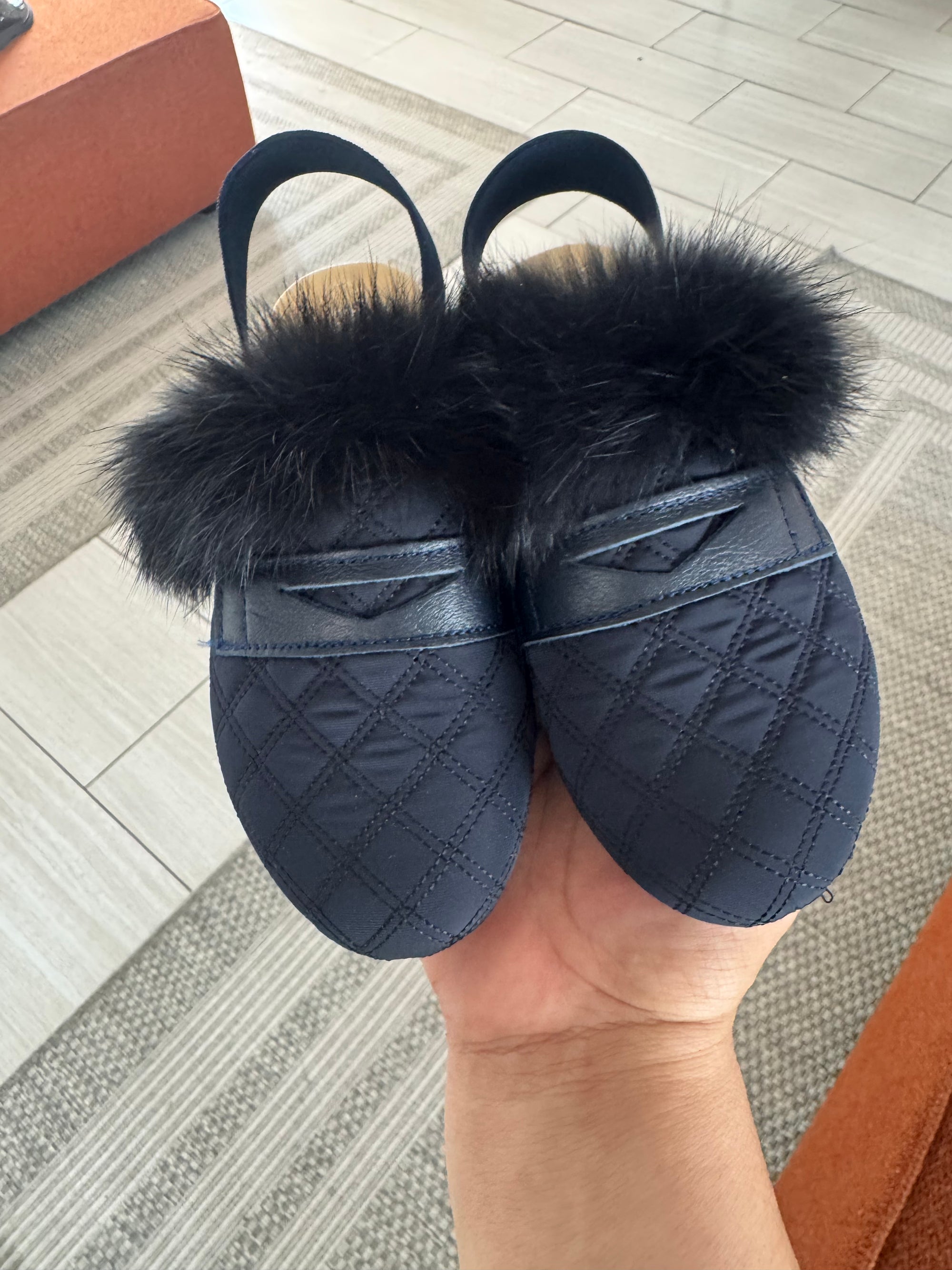Spain+Co Navy Quilted Fur Slingback-Tassel Children Shoes