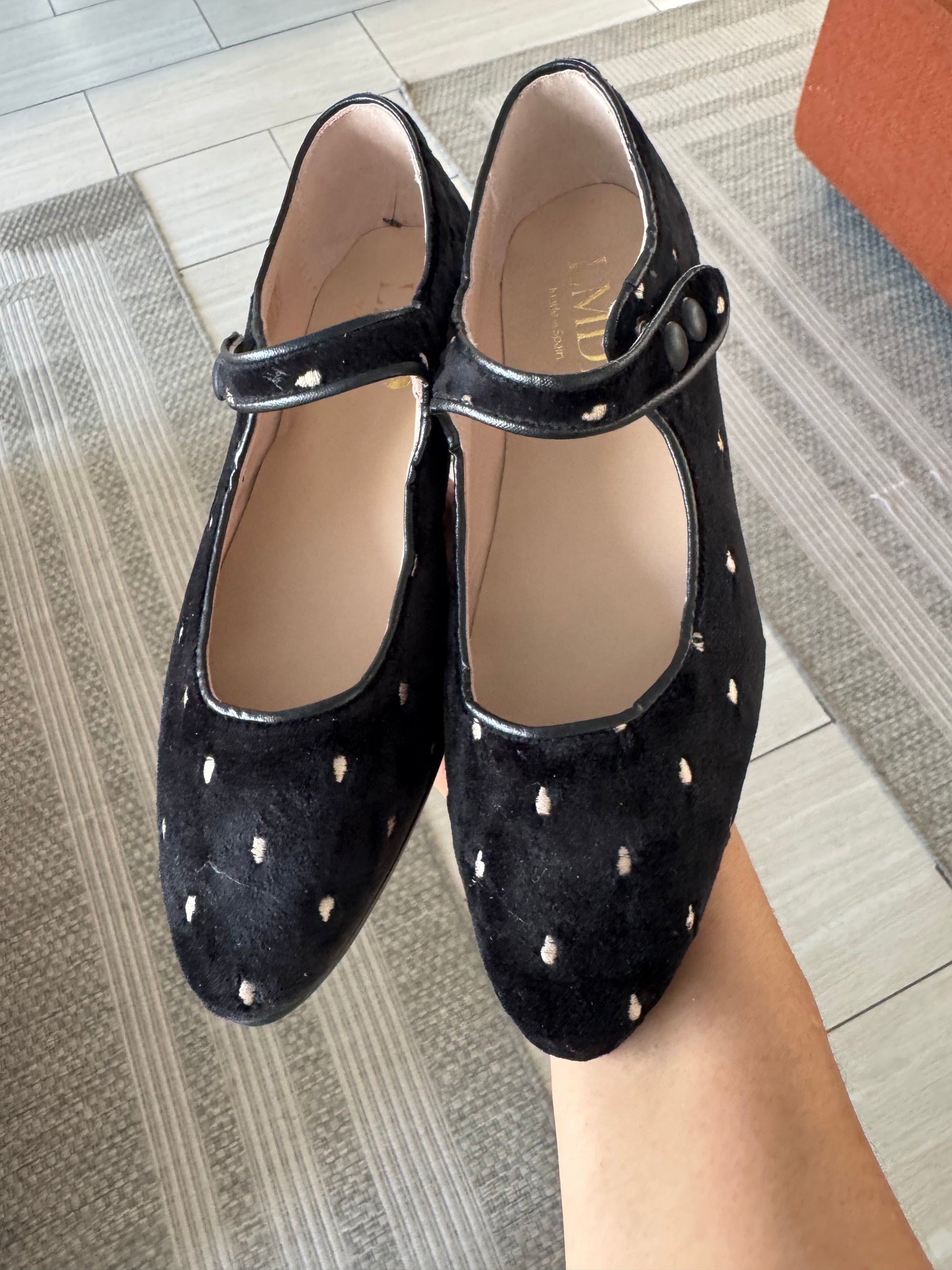 LMDI Black Velvet Dot Pointed Mary Jane-Tassel Children Shoes