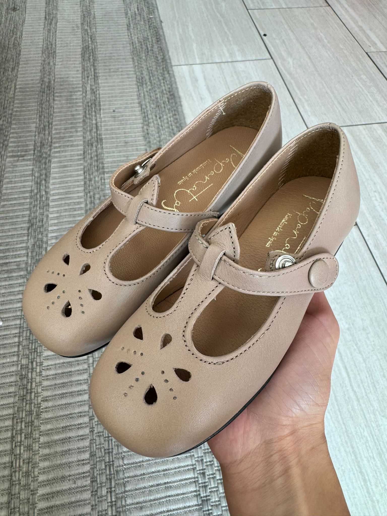 Papanatas Stone Taupe Perforated Mary Jane-Tassel Children Shoes