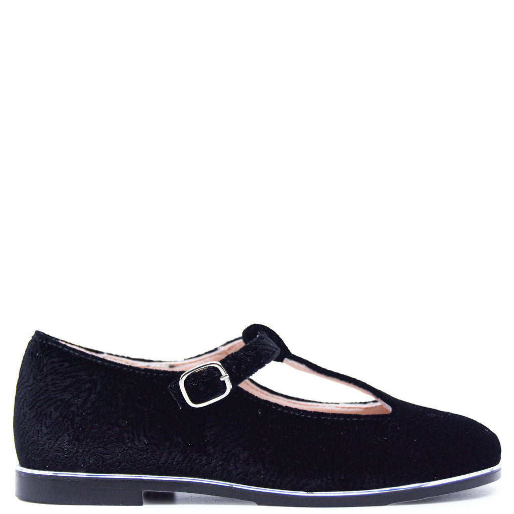 Beberlis Black Textured Velvet T Strap Mary Jane-Tassel Children Shoes