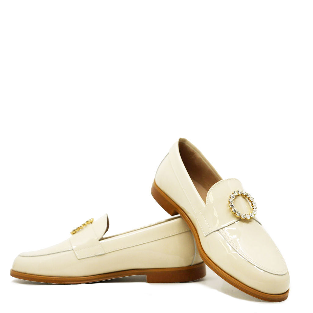 Blublonc Cream Patent Rhinestone Loafer-Tassel Children Shoes