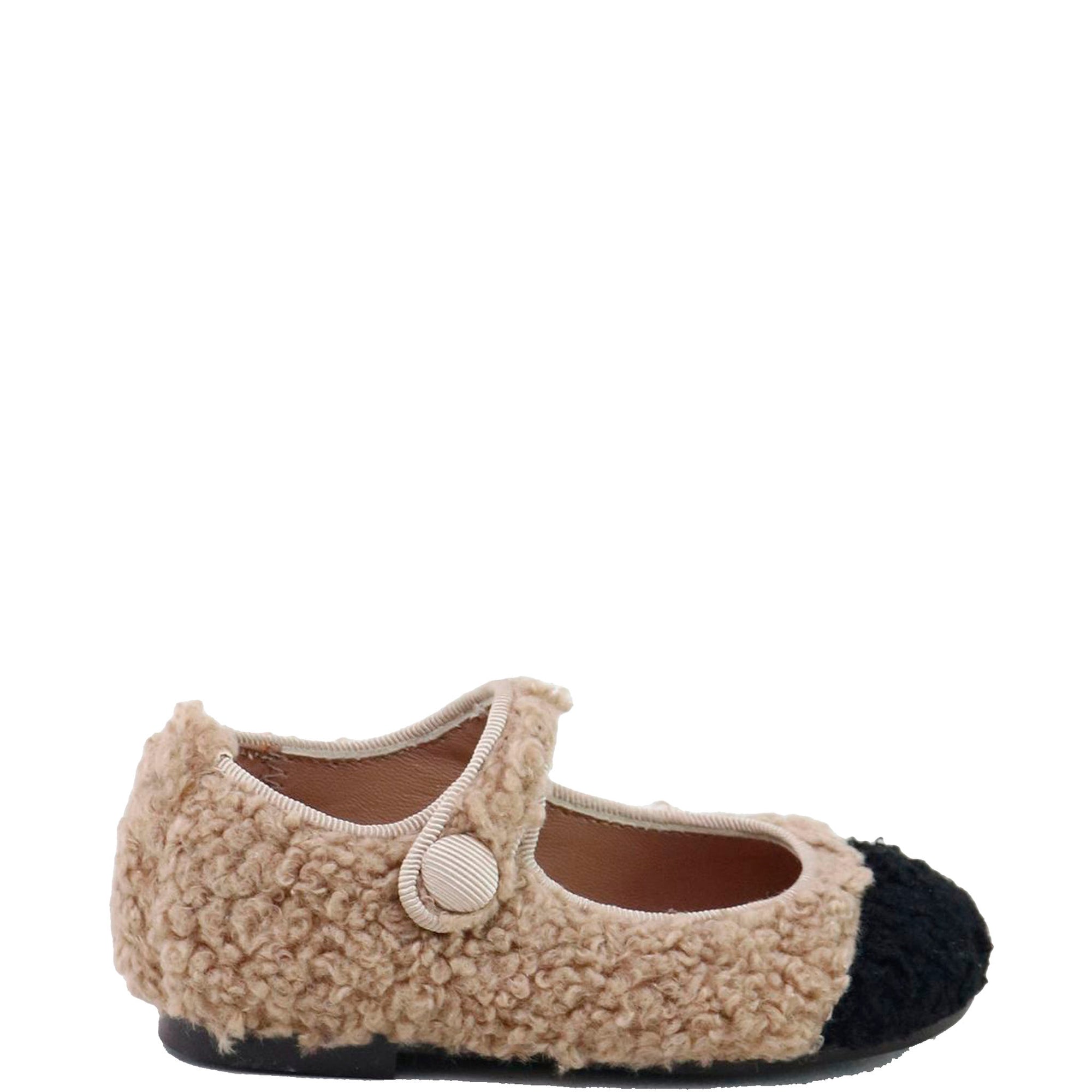 Papanatas Camel and Black Shearling Captoe Mary Jane-Tassel Children Shoes