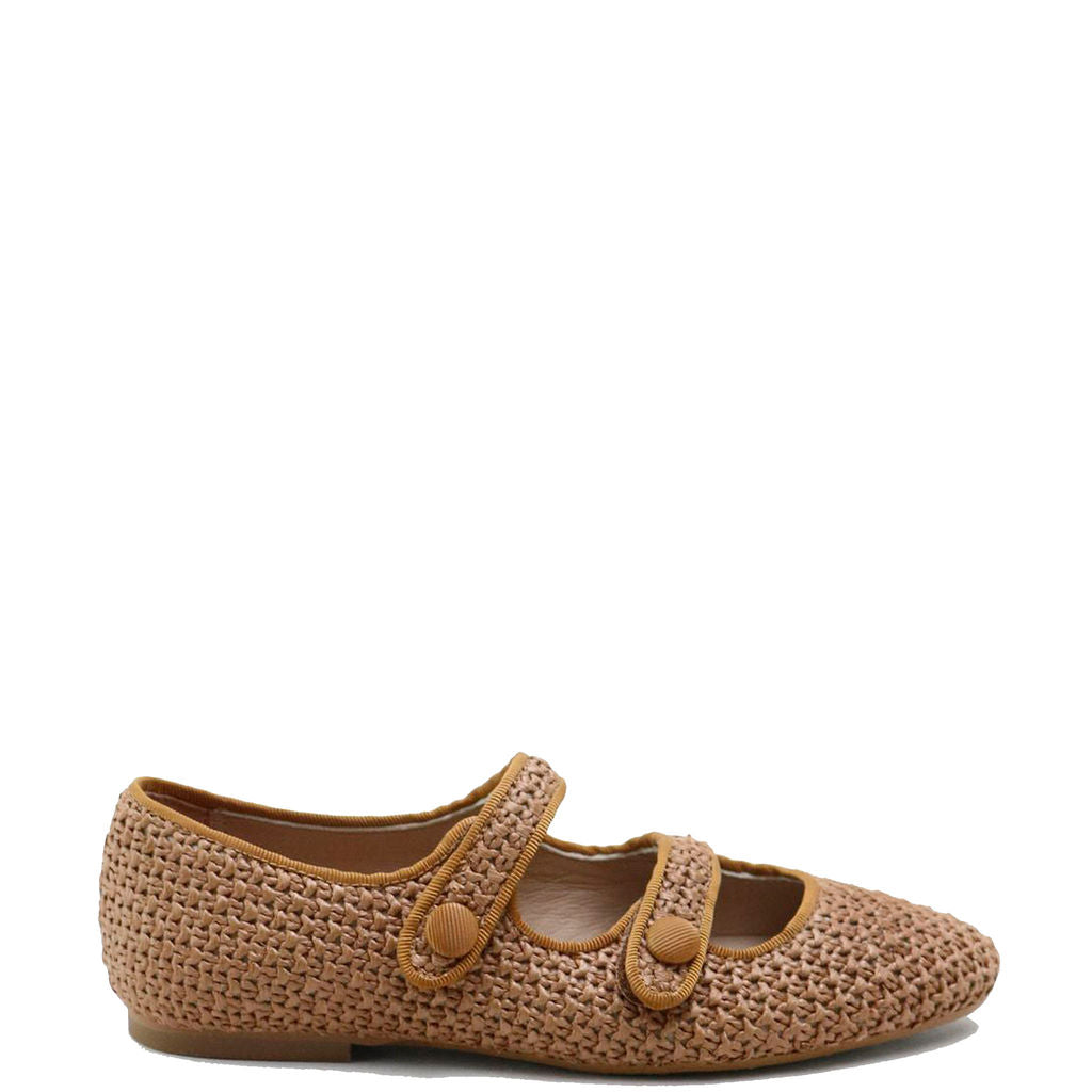 Papanatas Camel Rattan Double Strap Mary Jane-Tassel Children Shoes
