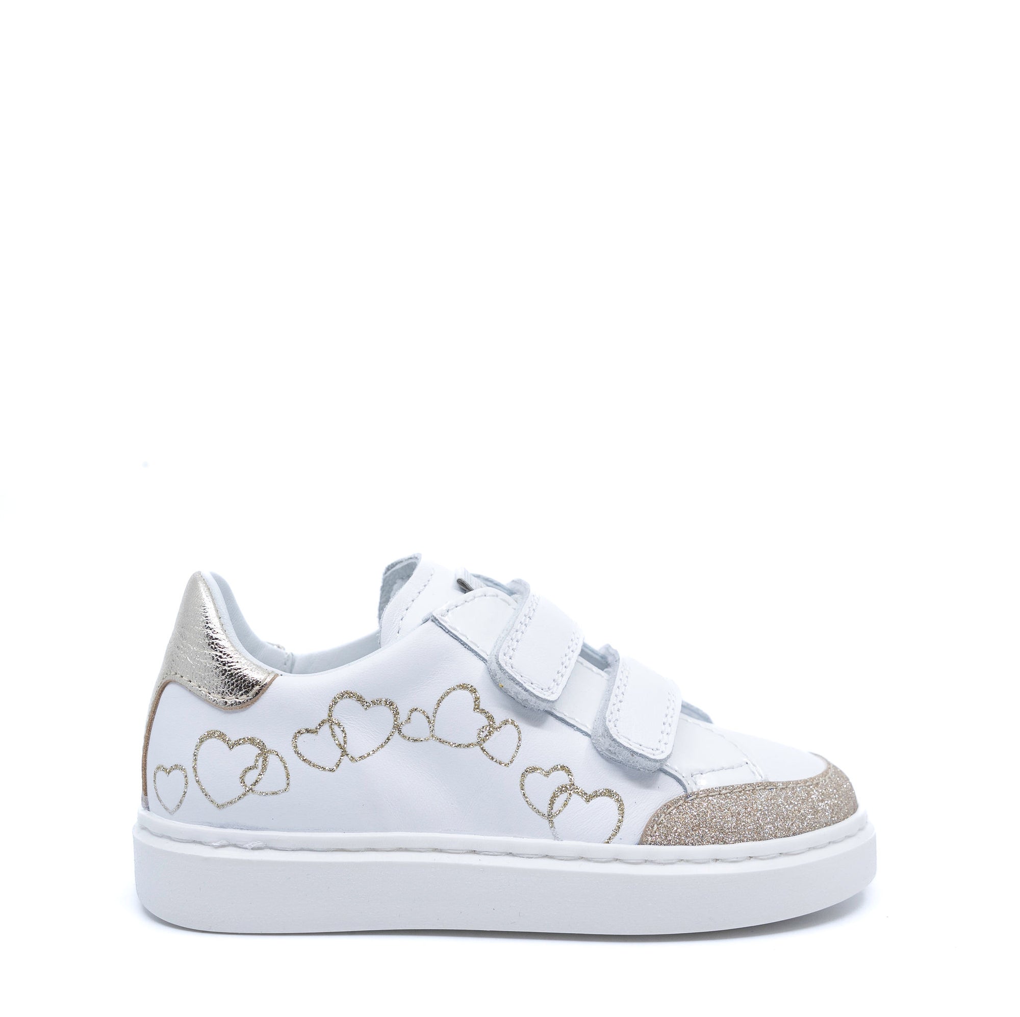 Beberlis White and Gold Heart Velcro Sneaker-Tassel Children Shoes