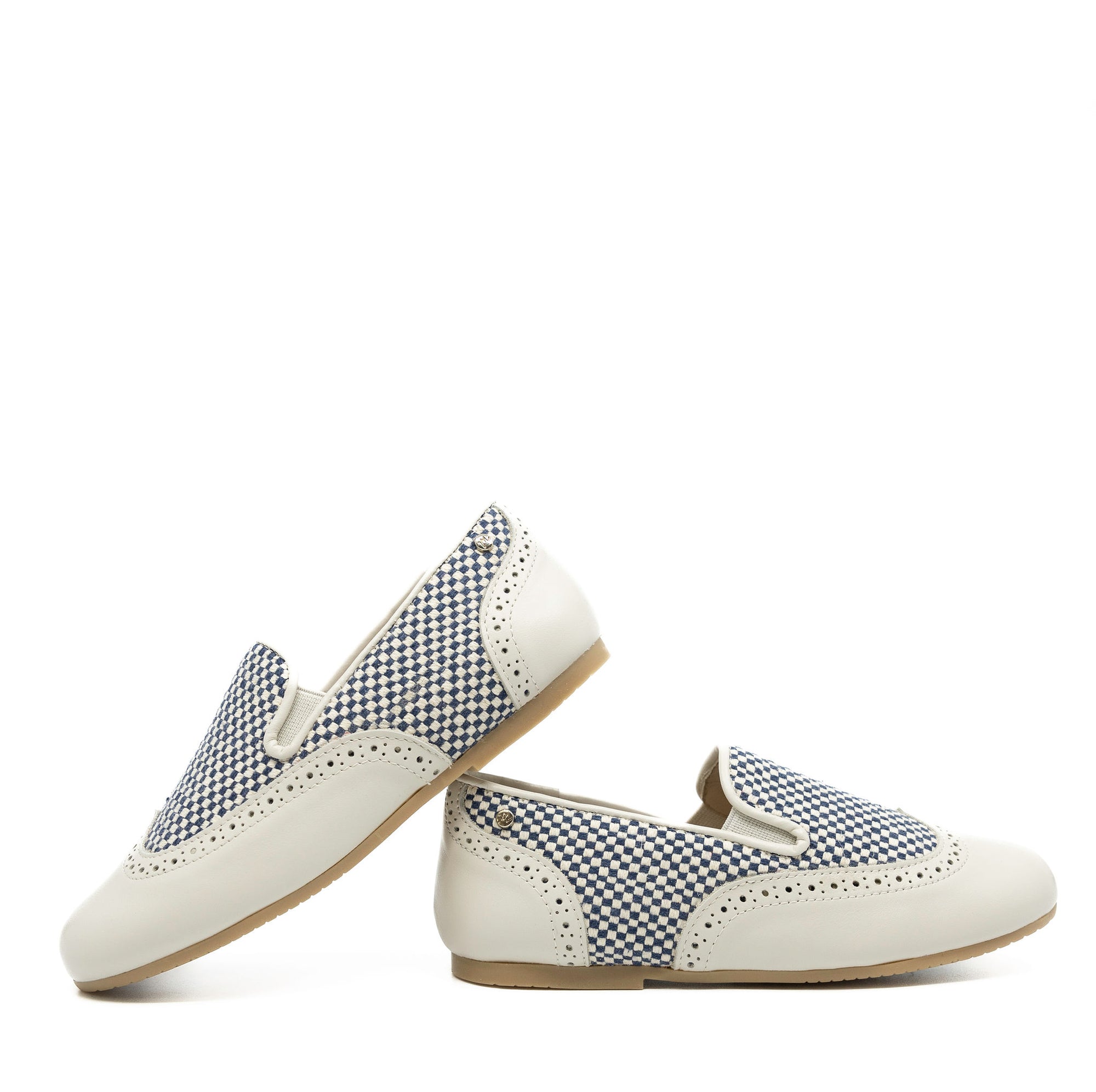 Manuela Ivory and Blue Checkered Wingtip Smoking Loafer-Tassel Children Shoes