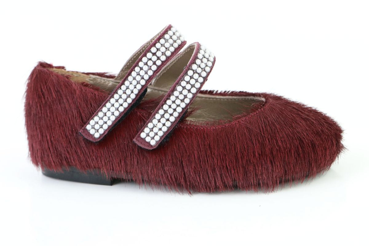 Papanatas Burgundy Pony Pearl Velcro Mary Jane-Tassel Children Shoes