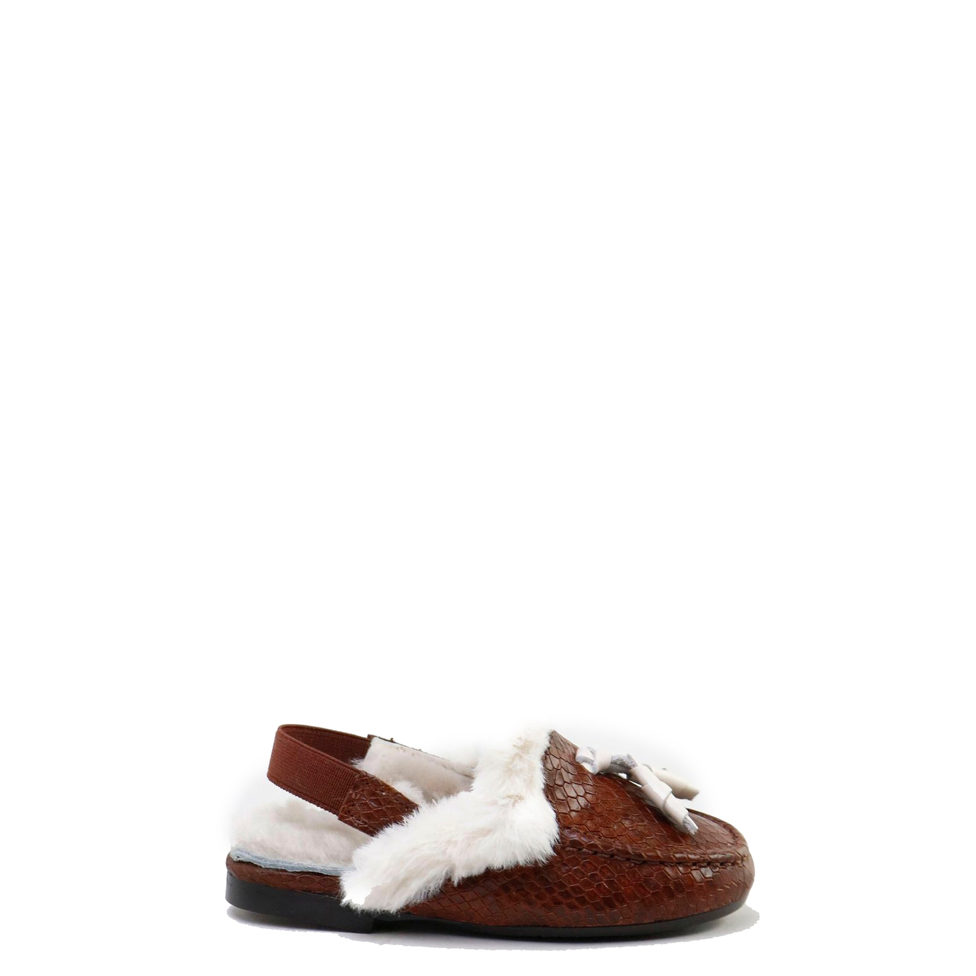 Papanatas Brown Snakeskin and Fur Mule-Tassel Children Shoes