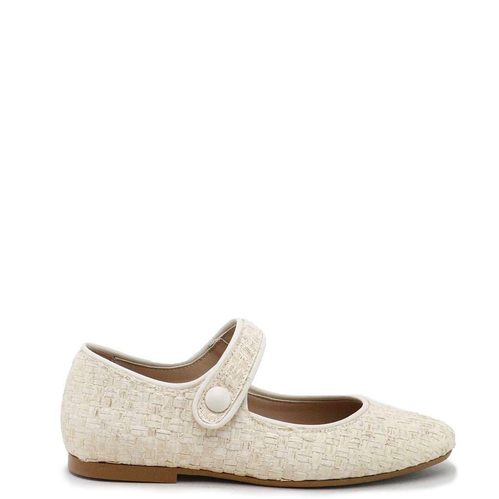 Papanatas Cream Wicker Pointed Mary Jane-Tassel Children Shoes