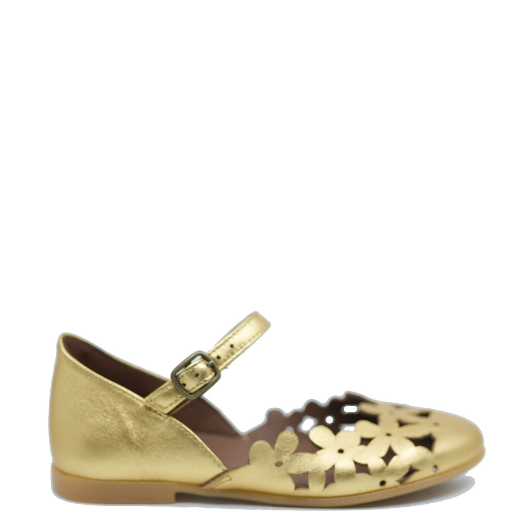 Pepe Gold Floral Cutout Mary Jane-Tassel Children Shoes