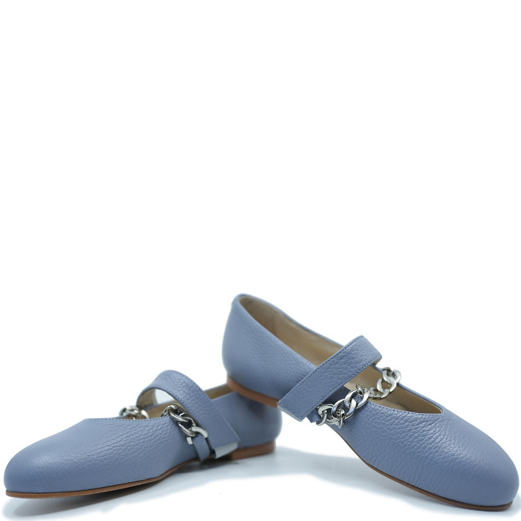 Blublonc Pale Blue Chain Elastic Mary Jane-Tassel Children Shoes