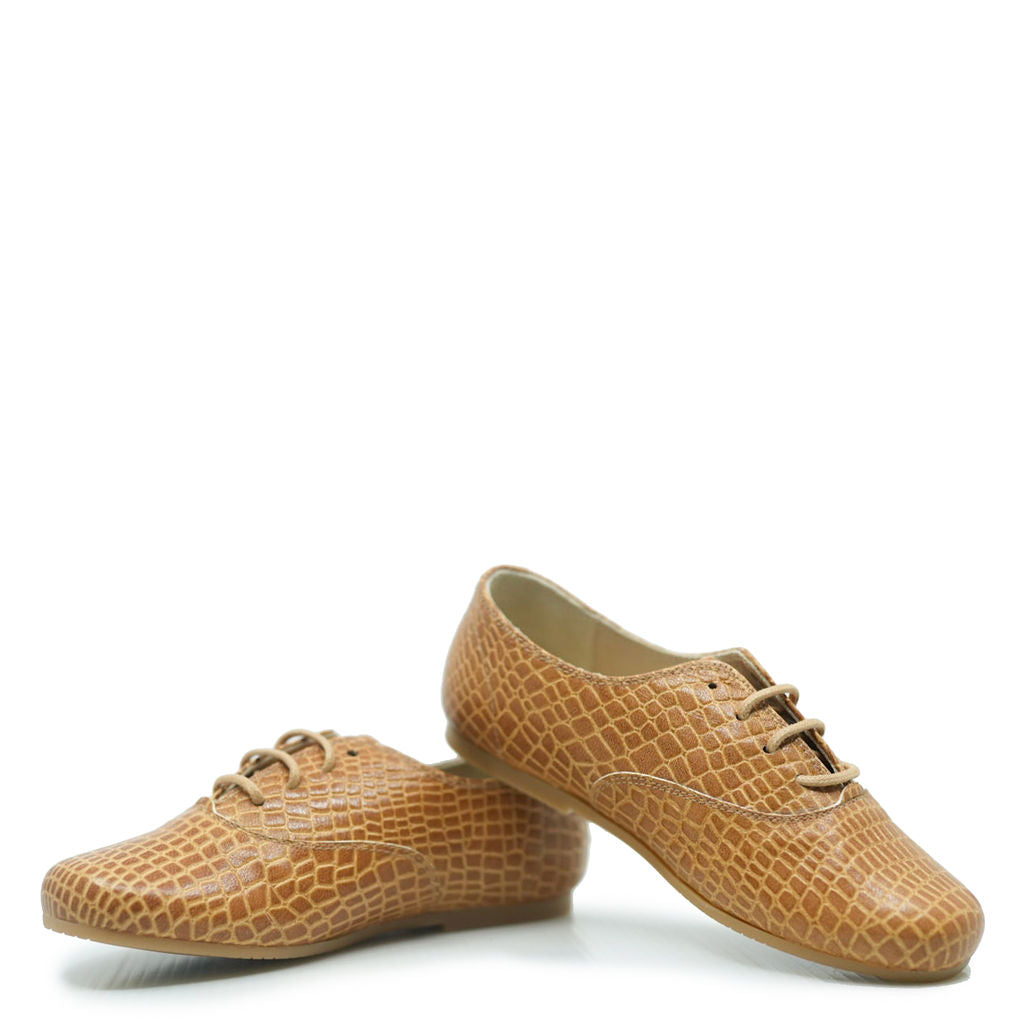 Manuela Cognac Croc Lace Up-Tassel Children Shoes