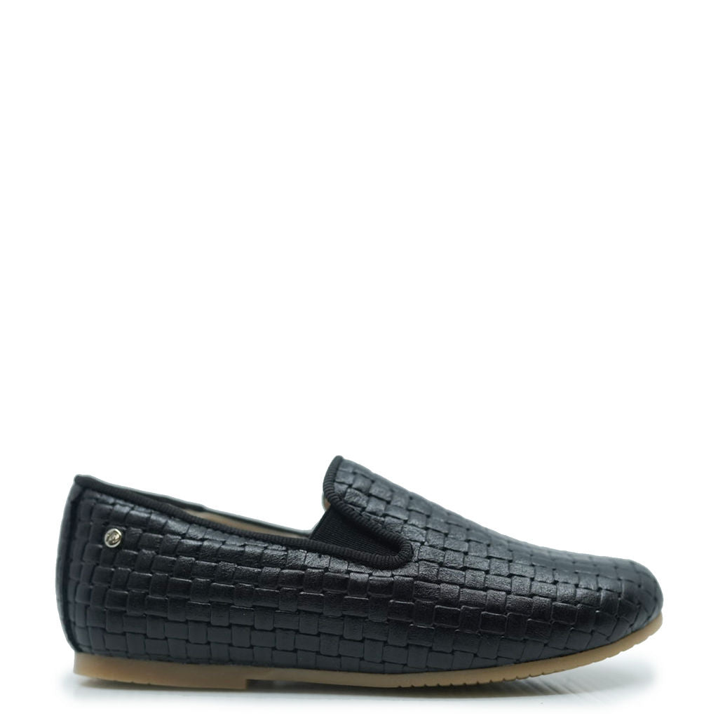 Manuela Black Leather Weave Smoking Loafer-Tassel Children Shoes