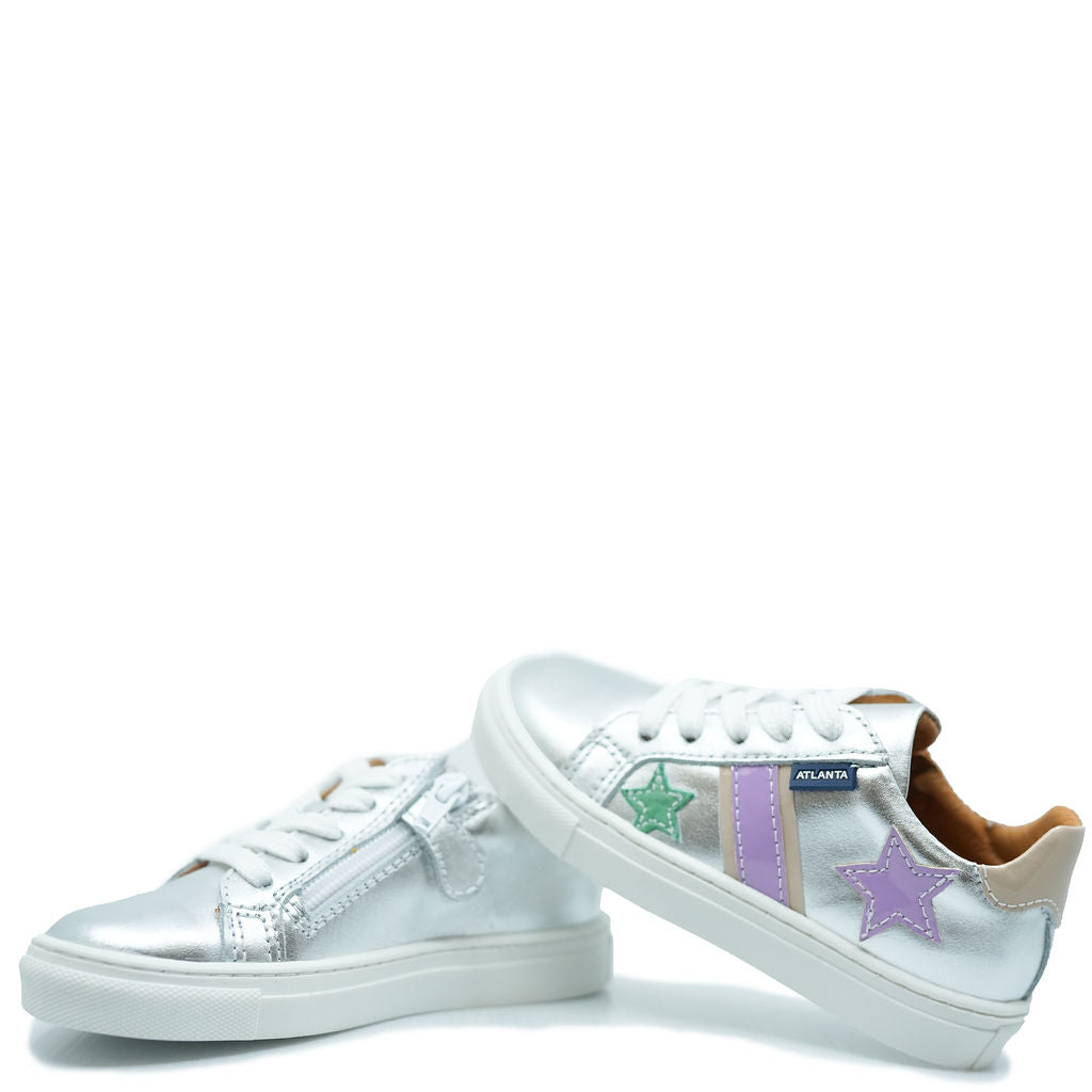 Atlanta Mocassin Silver Metallic Star Lace Up Sneaker-Tassel Children Shoes
