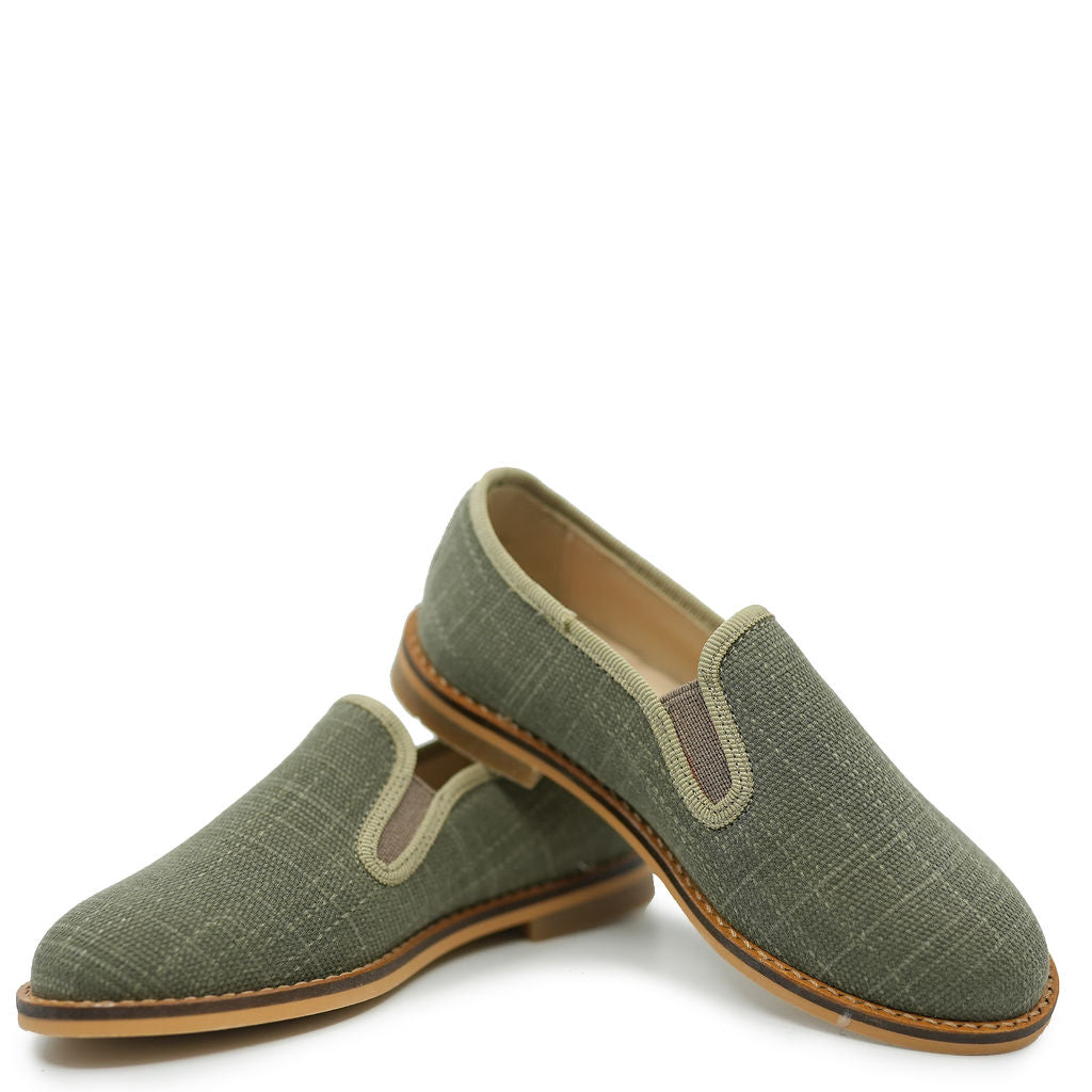 Blublonc Olive Linen Smoking Loafer-Tassel Children Shoes