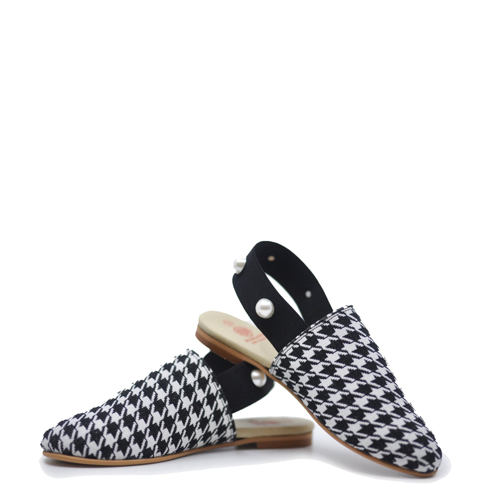 Blublonc Houndstooth Pearl Mule-Tassel Children Shoes