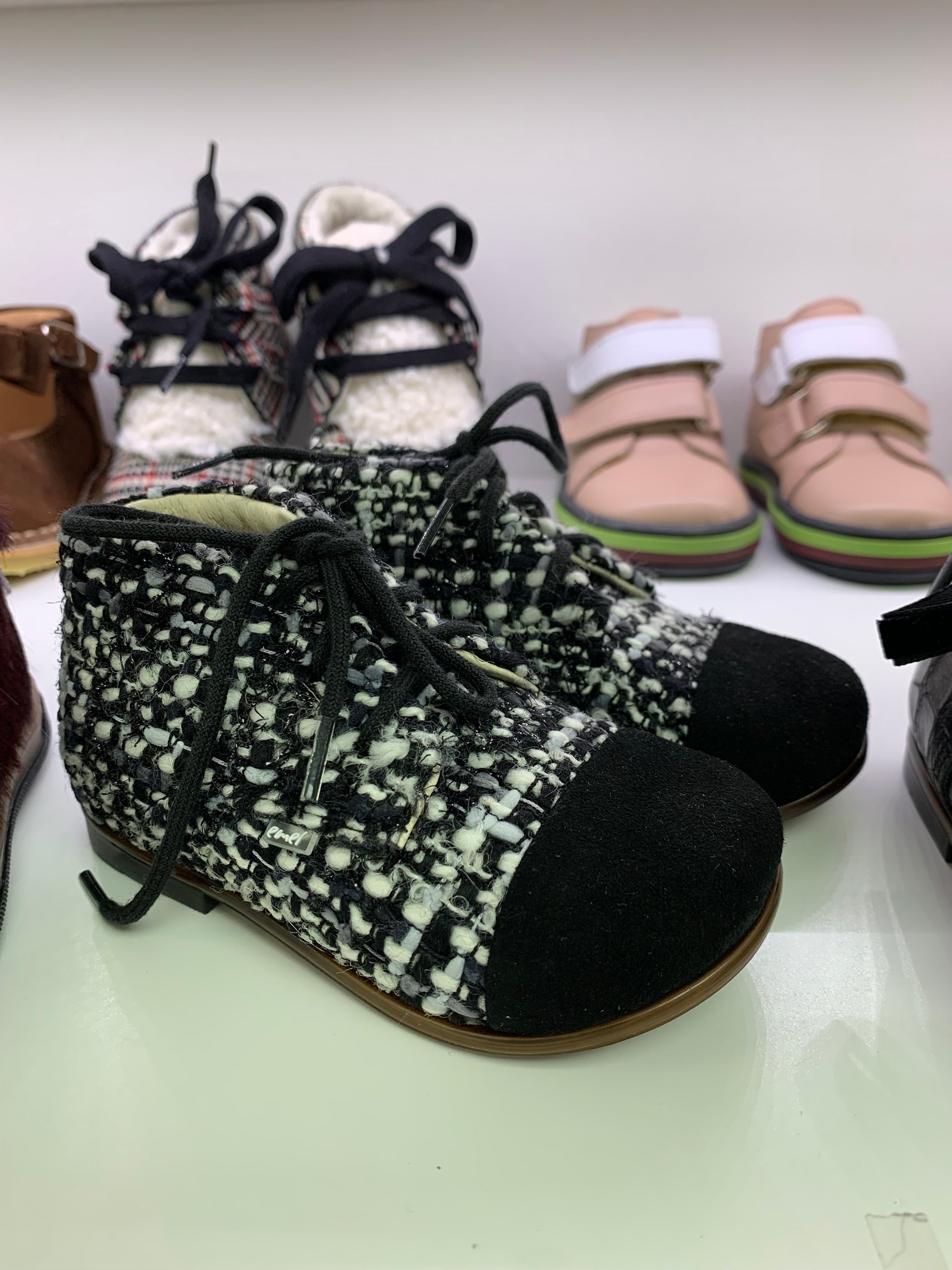 Emel Black and White Tweed Captoe Baby Bootie-Tassel Children Shoes