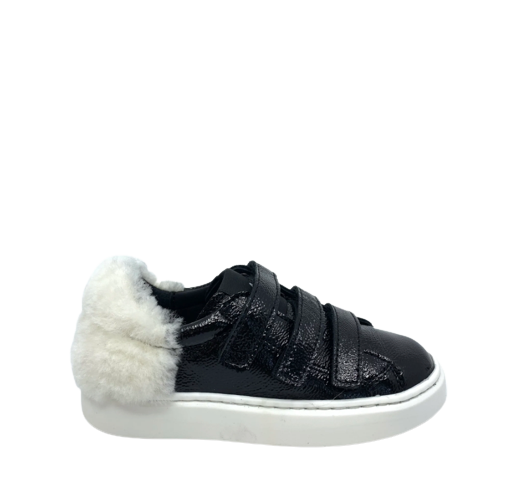 MAA Black Patent and White Fur Velcro Sneaker-Tassel Children Shoes