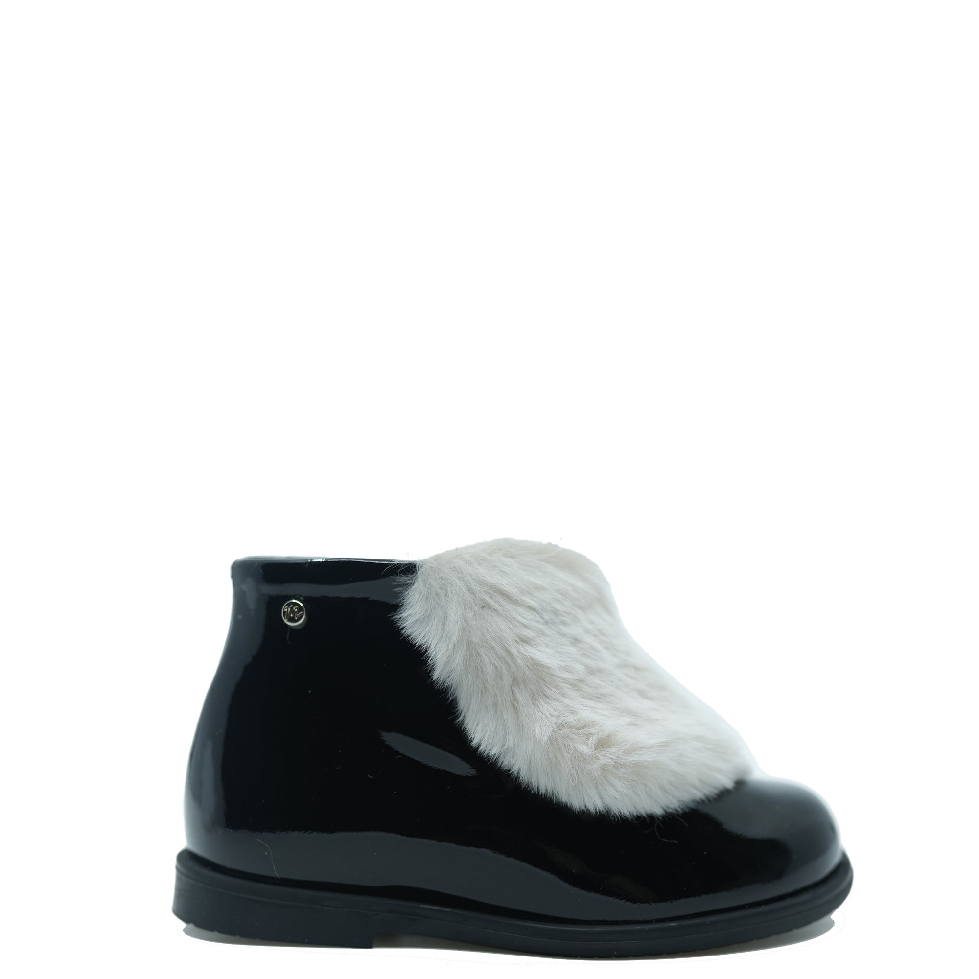 Manuela Black Patent and White Fur Baby Bootie-Tassel Children Shoes