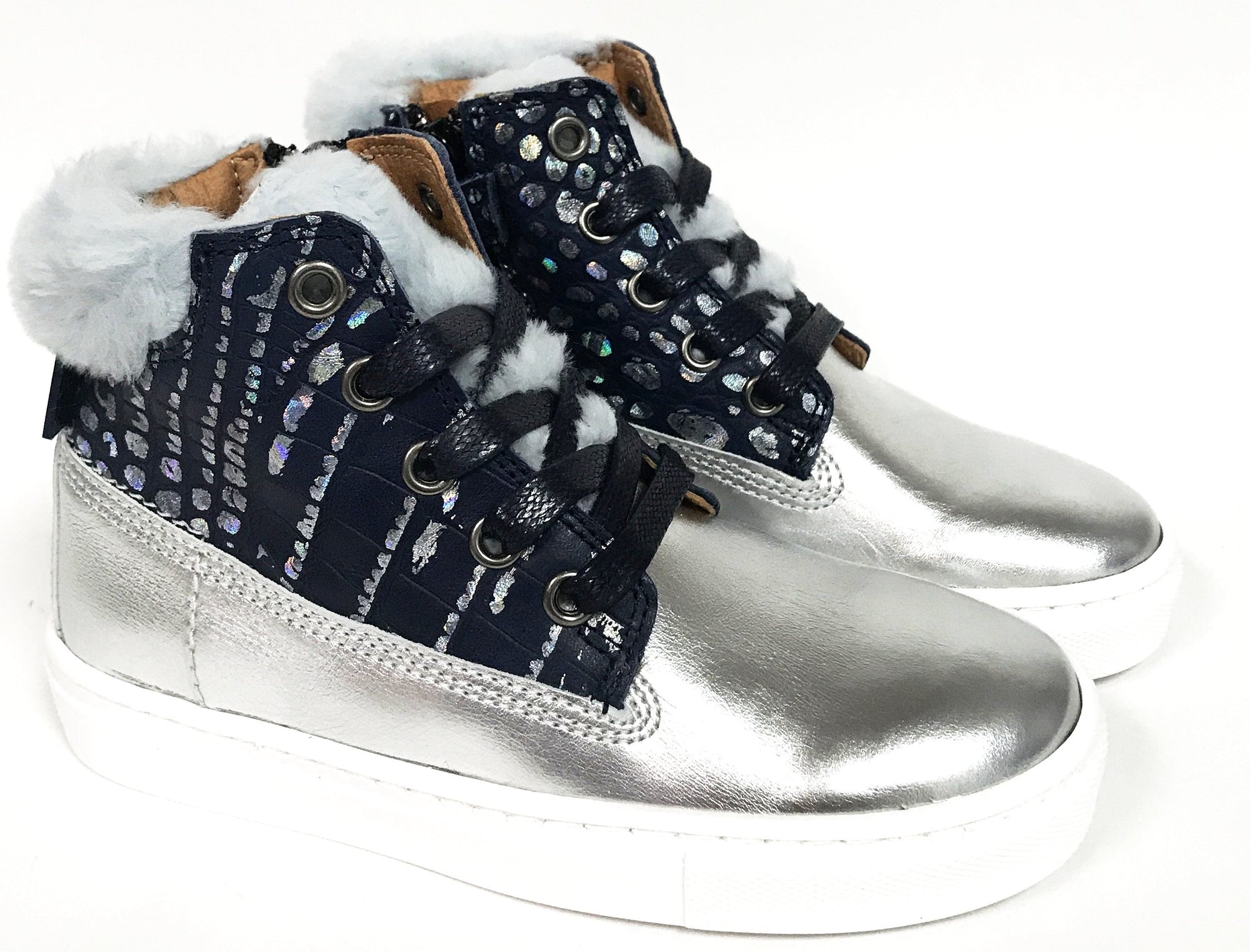 Atlanta Mocassin Silver/Blue Fur High-top-Tassel Children Shoes