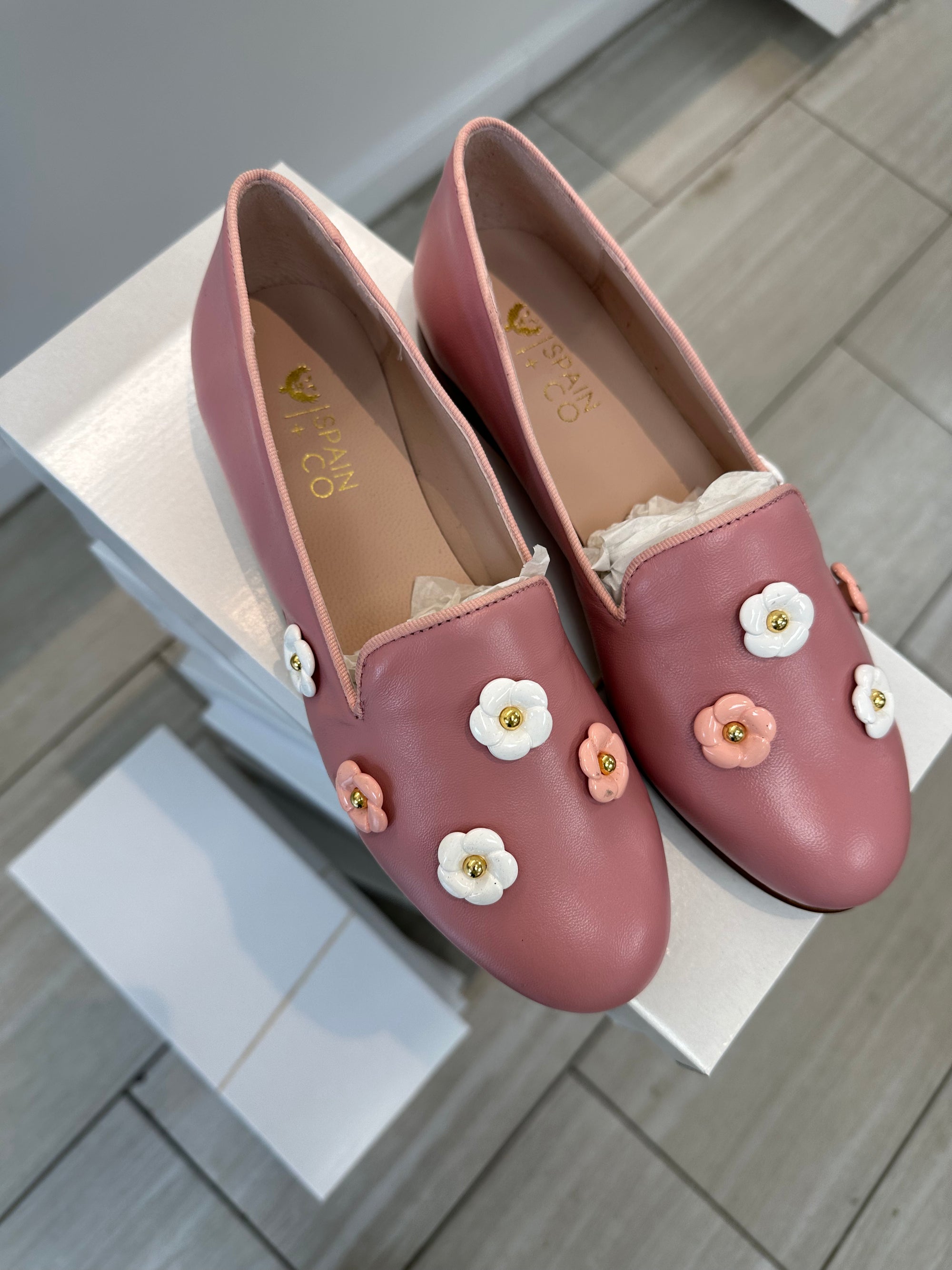 Spain+Co Pink Flower Smoking Loafer-Tassel Children Shoes