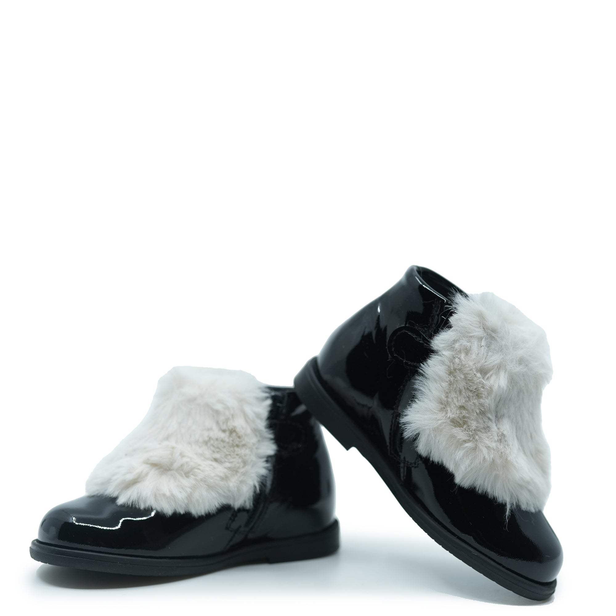 Manuela Black Patent and White Fur Baby Bootie-Tassel Children Shoes