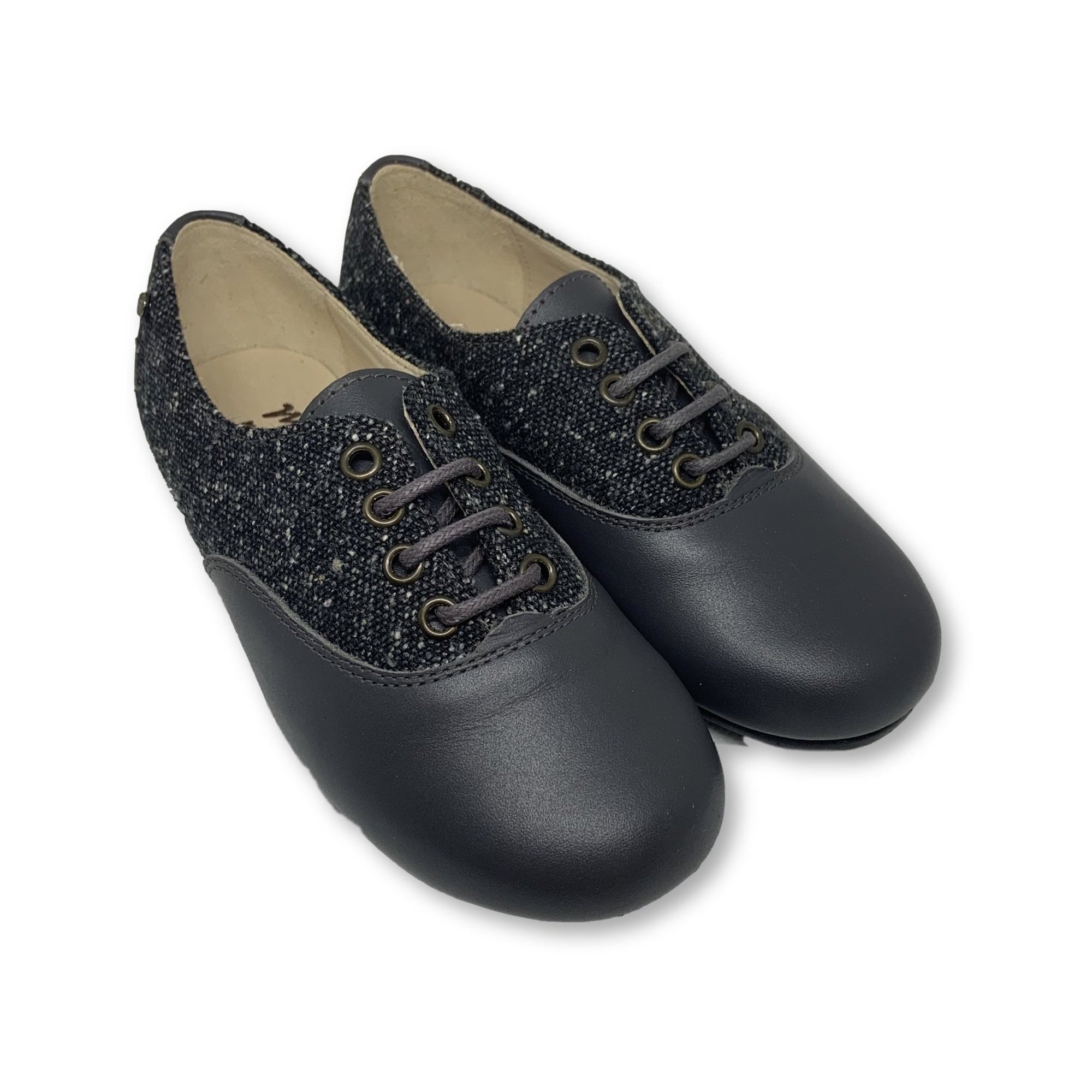 Manuela Grey Leather and Tweed Derby-Tassel Children Shoes